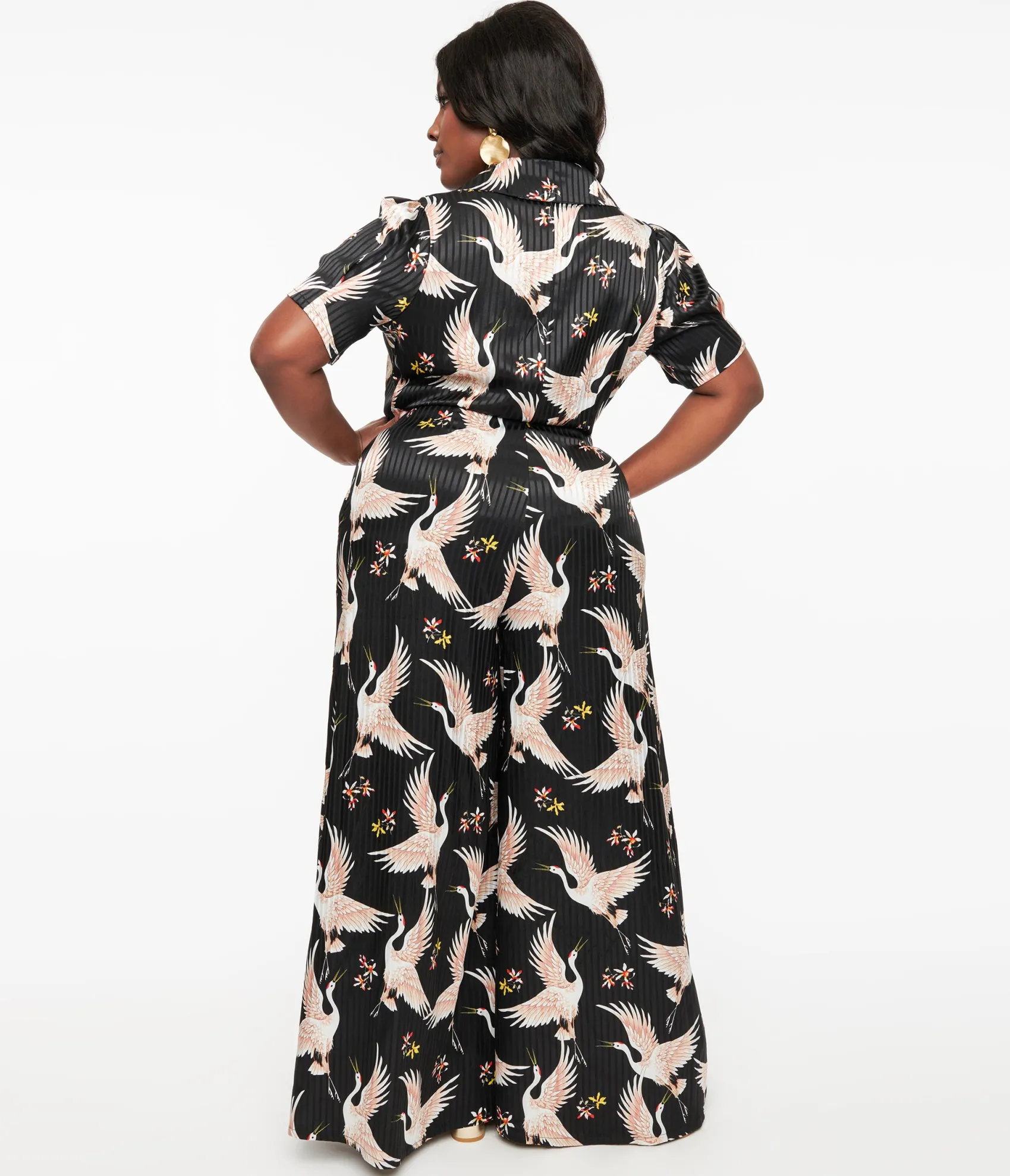 Unique Vintage 1940s Black & White Cranes Flare Jumpsuit Best Sale