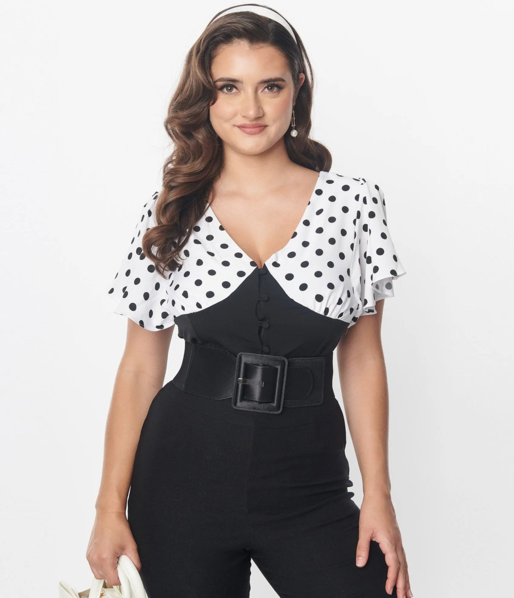 Unique Vintage 1930s Black & White Dot Flutter Sleeve Blouse Outlet