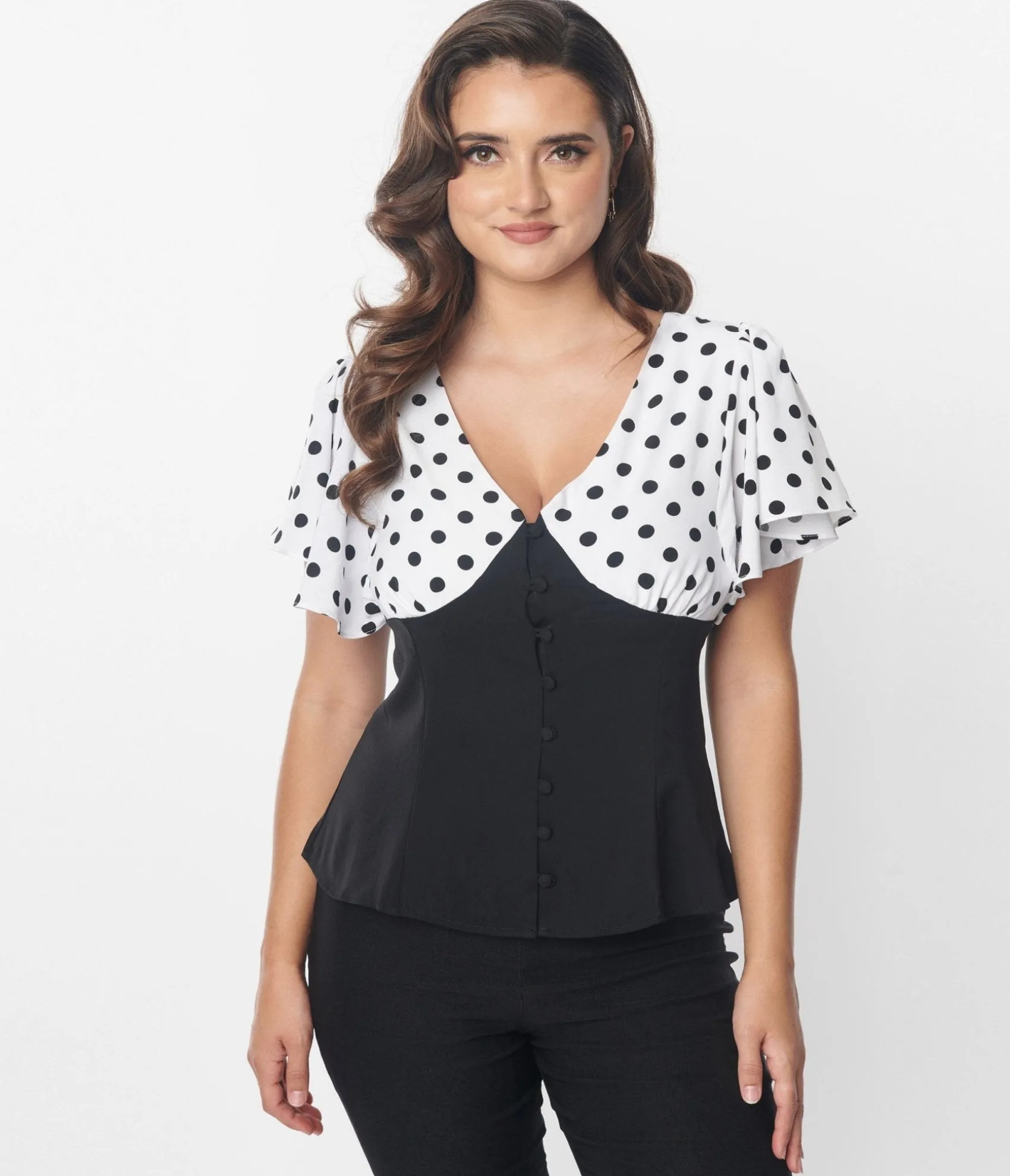 Unique Vintage 1930s Black & White Dot Flutter Sleeve Blouse Outlet