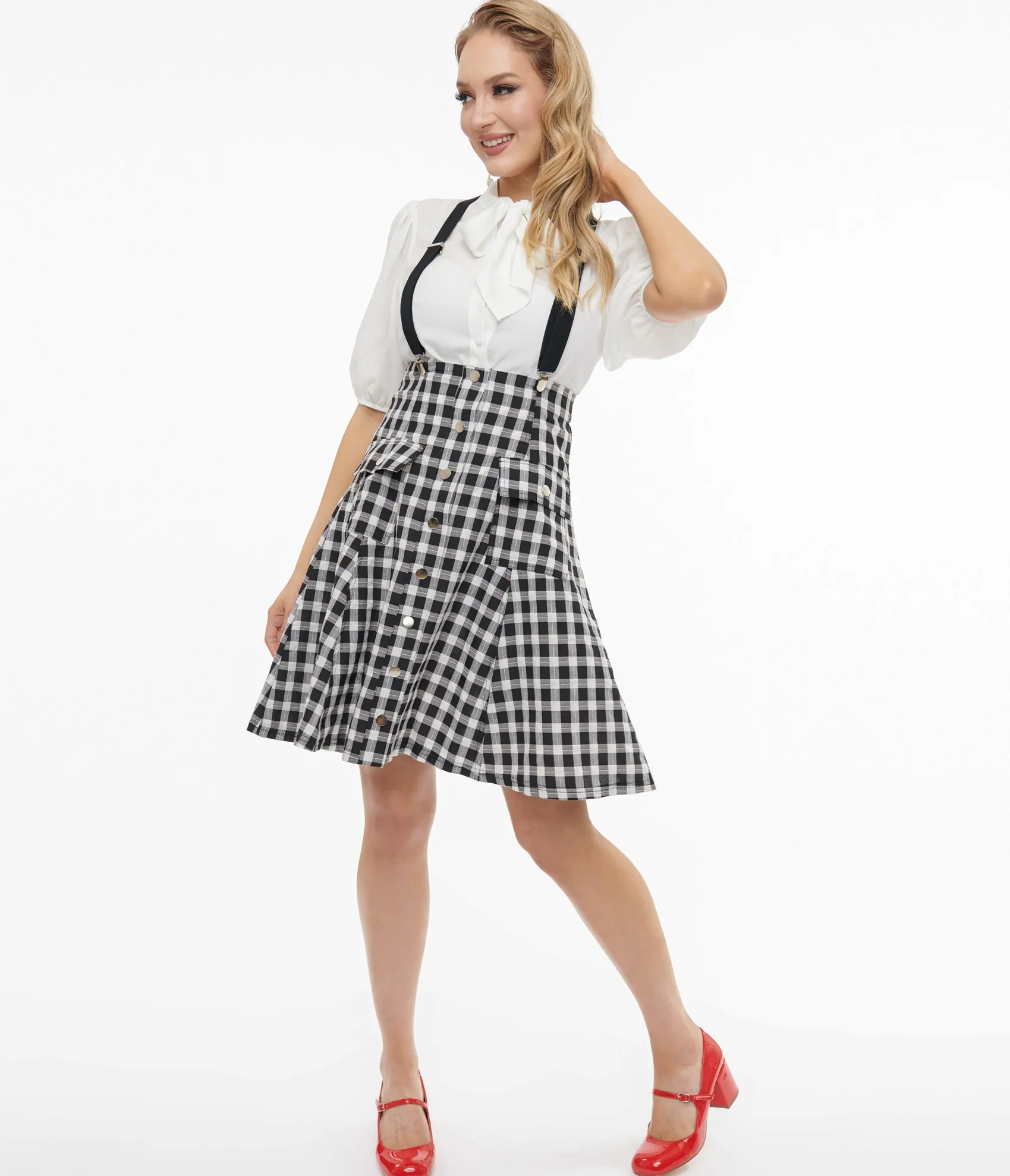Unique Vintage 1950s Black & White Gingham Suspender Flare Skirt Sale