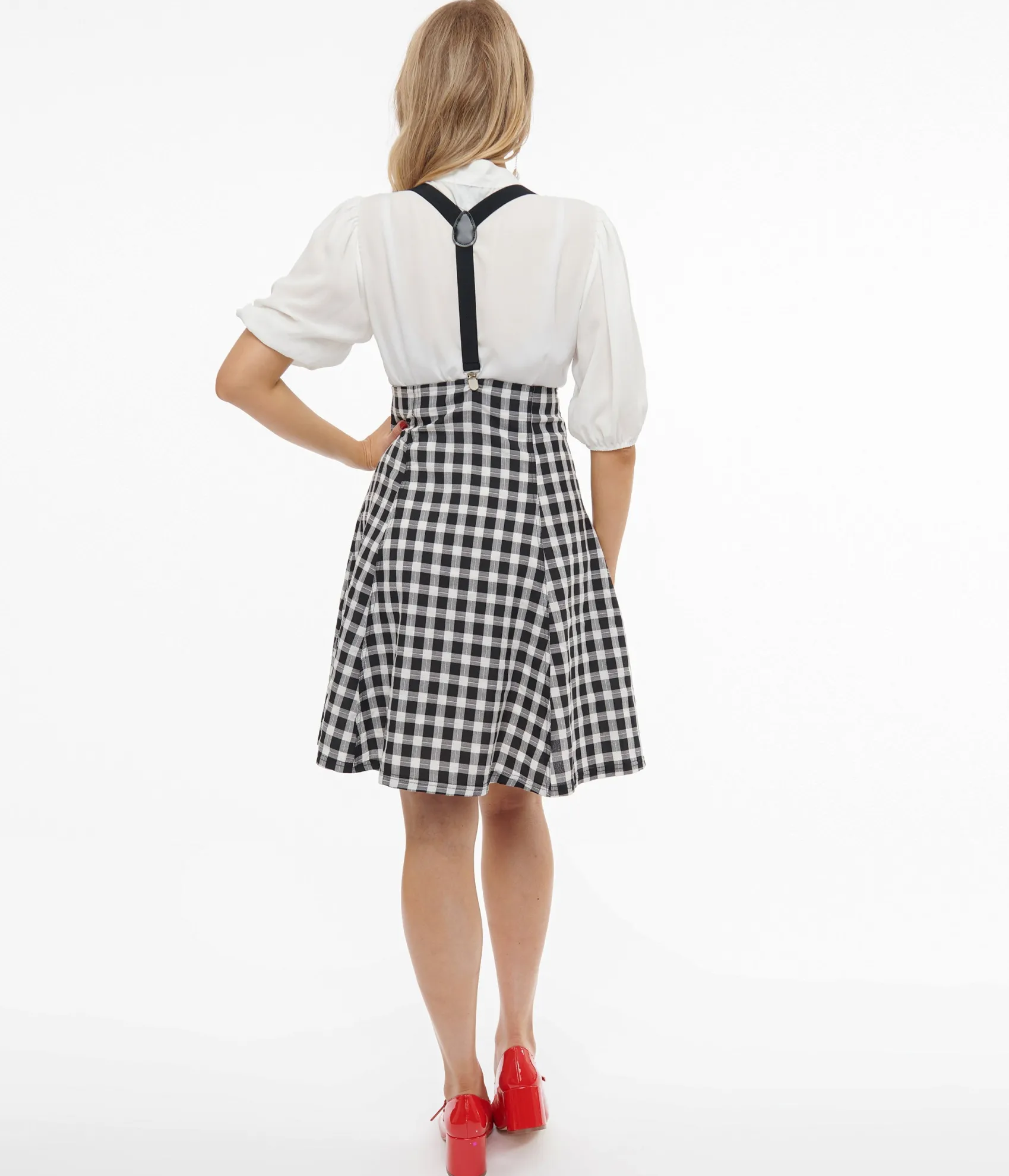Unique Vintage 1950s Black & White Gingham Suspender Flare Skirt Sale