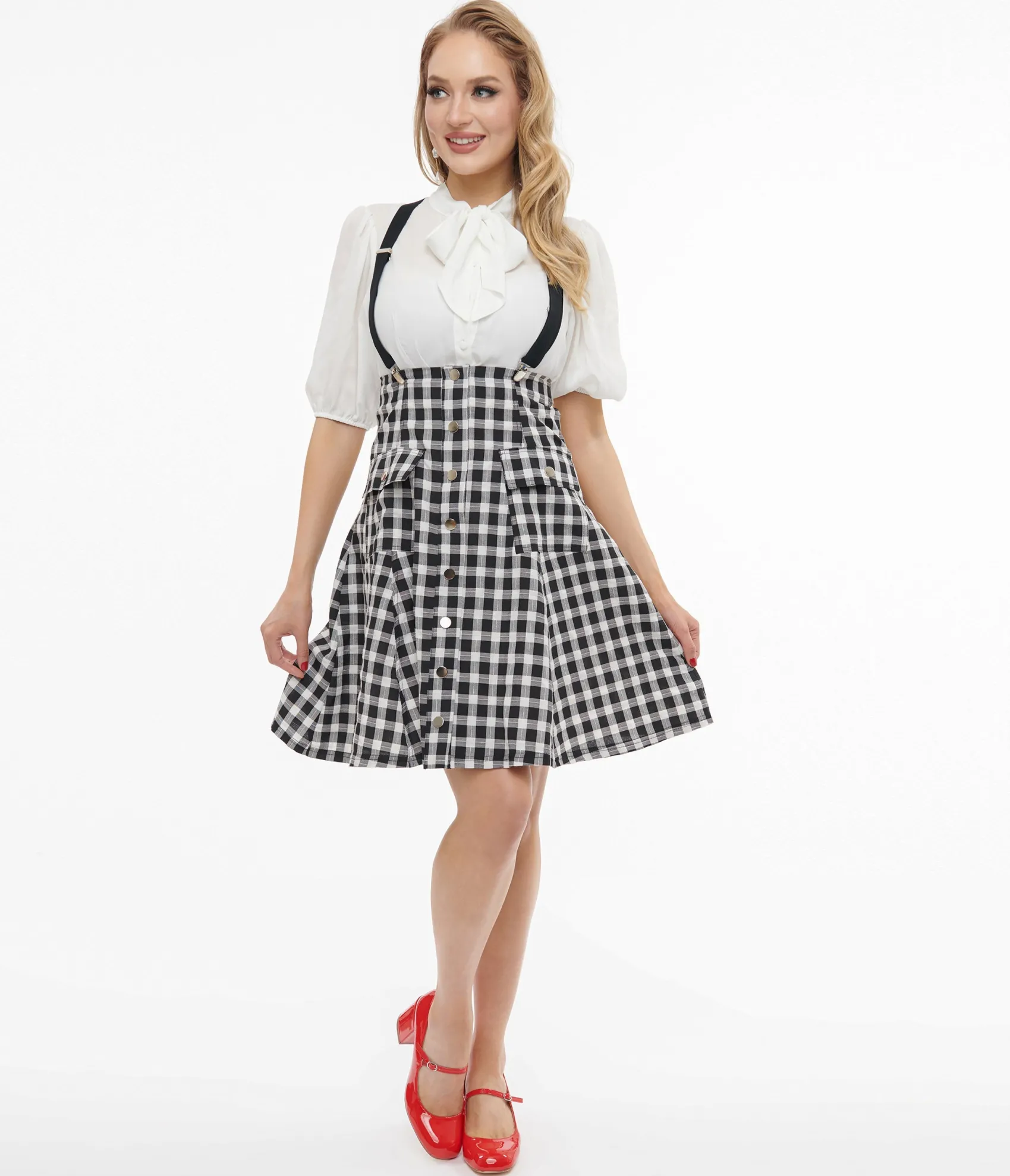 Unique Vintage 1950s Black & White Gingham Suspender Flare Skirt Sale