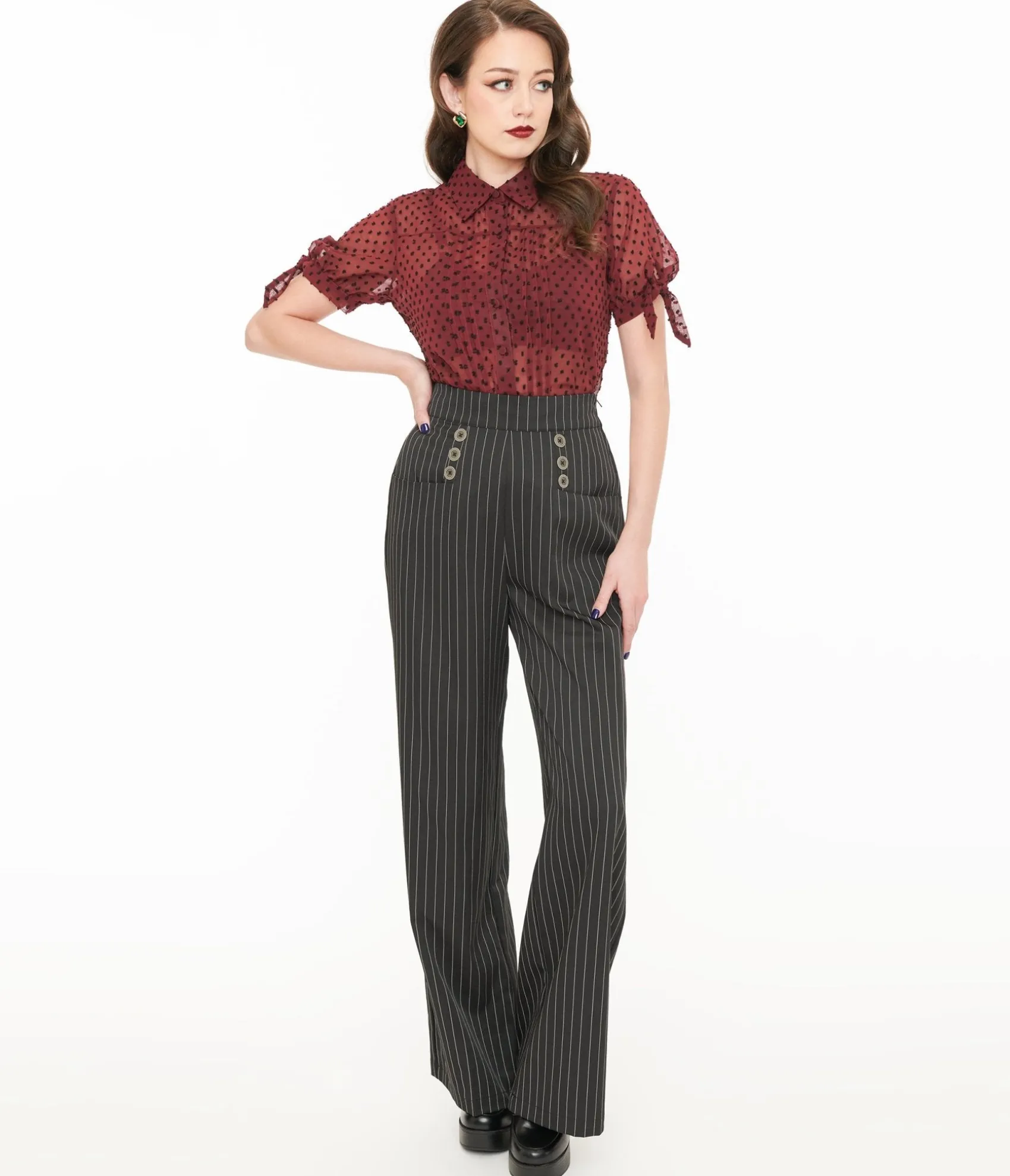Unique Vintage 1940s Black & White Pin Stripe High Waist Sailor Ginger Pants New