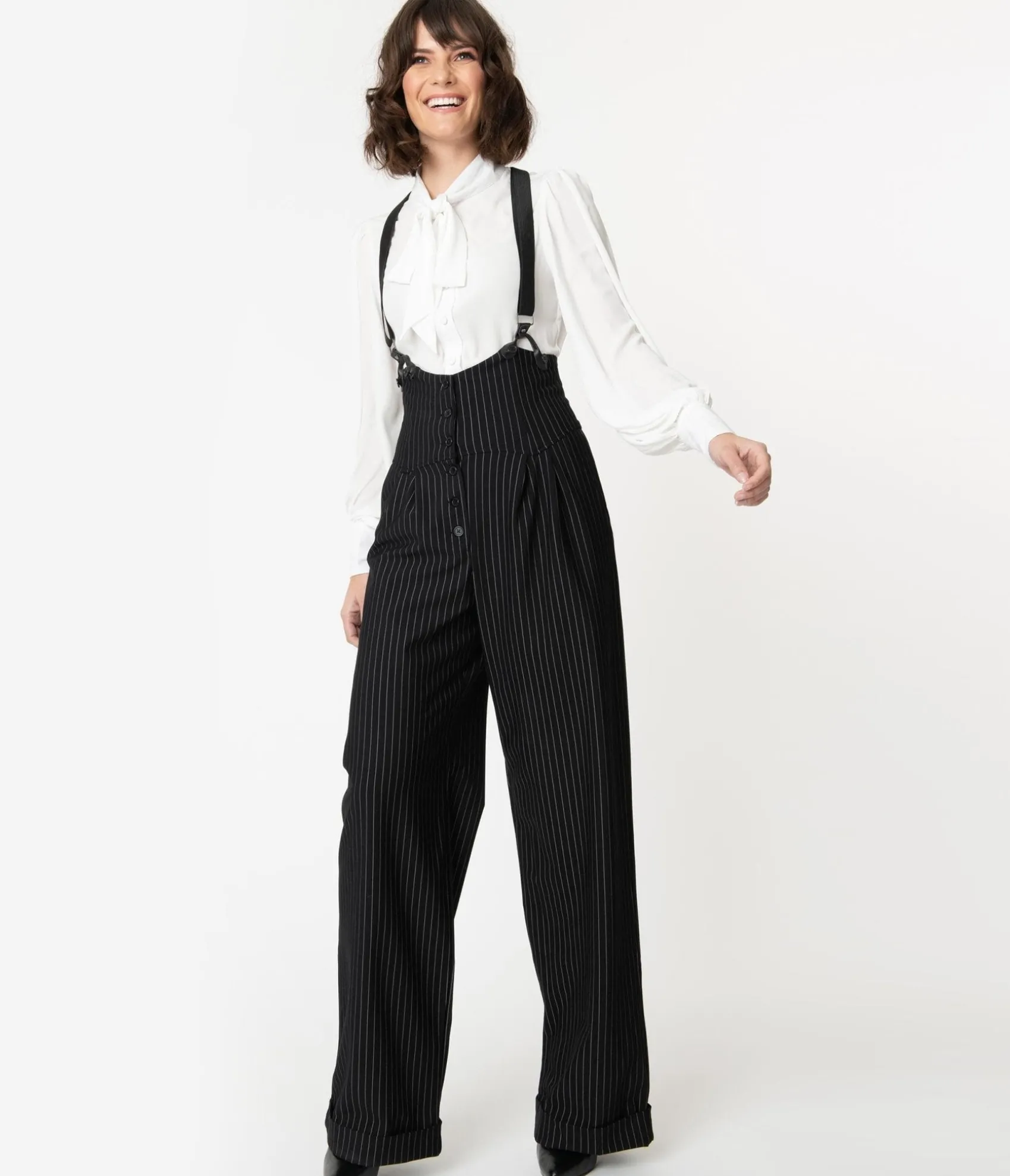 Unique Vintage 1930s Black & White Pin Stripe Thelma Suspender Pants Best