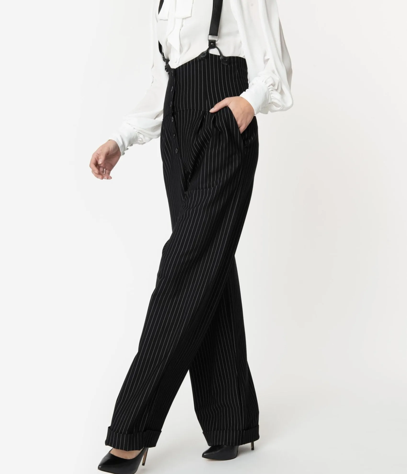 Unique Vintage 1930s Black & White Pin Stripe Thelma Suspender Pants Best