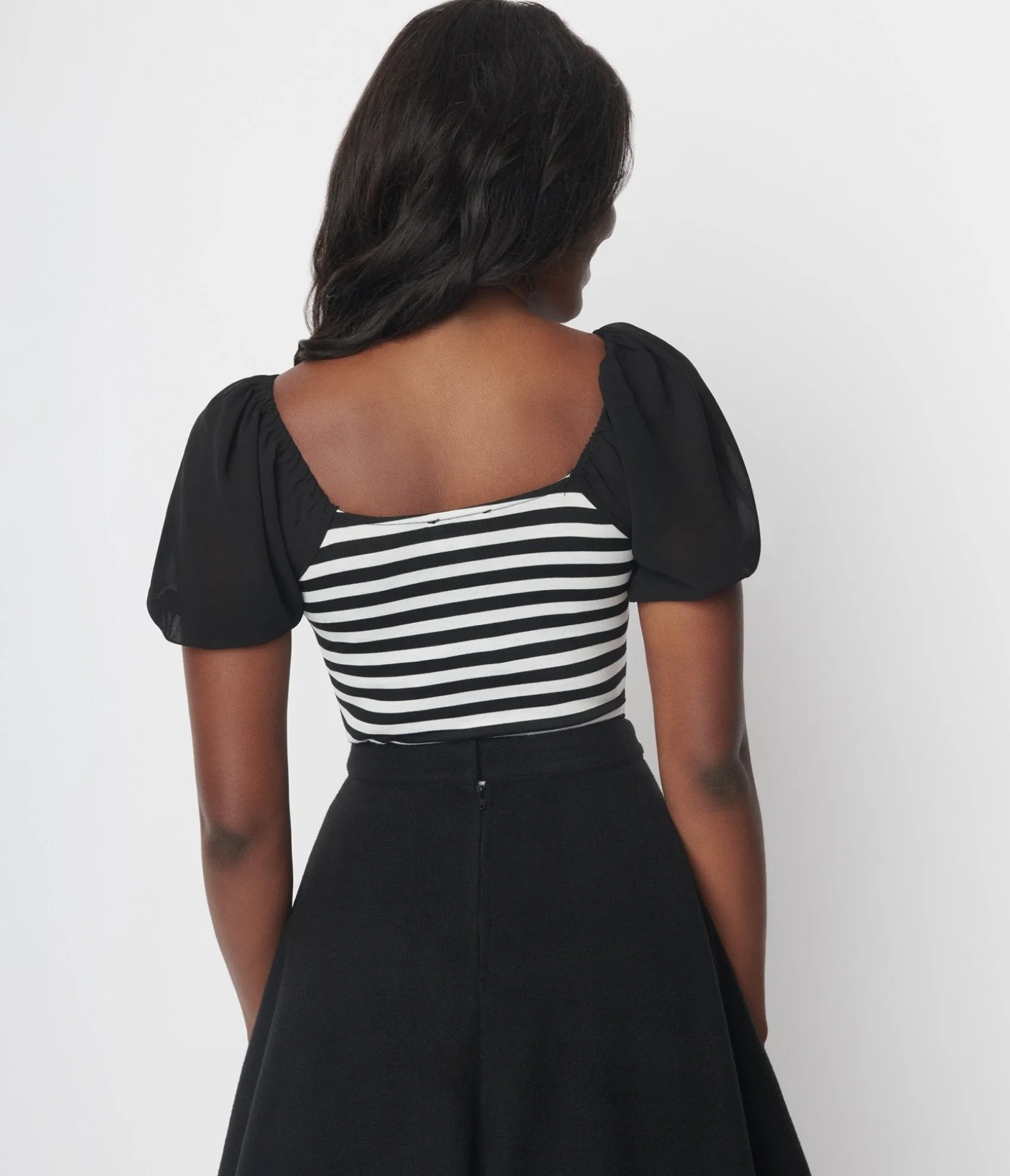 Unique Vintage 1940s Black & White Stripe Chiffon Puff Sleeve Bodysuit Outlet