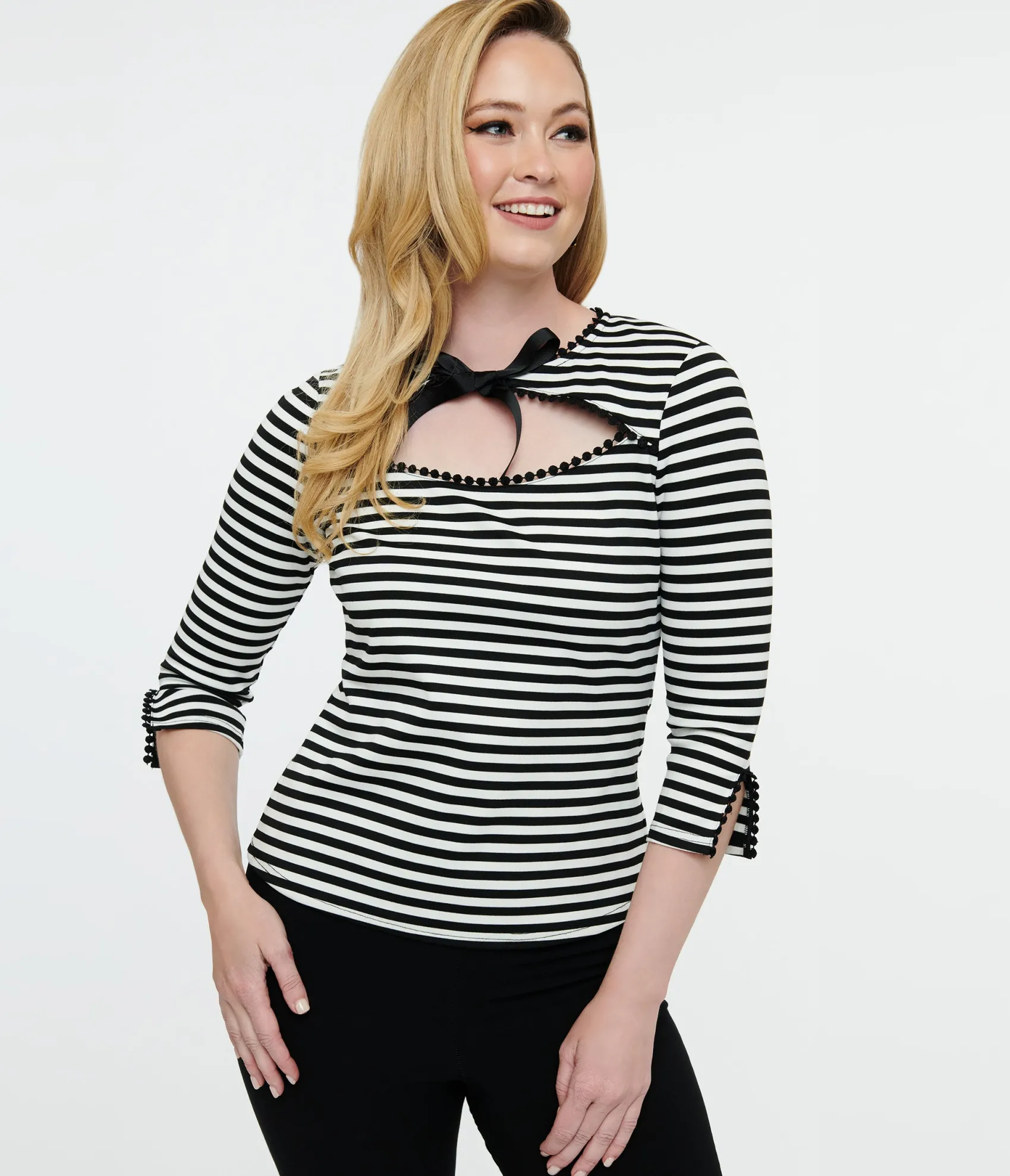 Unique Vintage 1950s Black & White Stripe Cutout Neck Tie Top Clearance