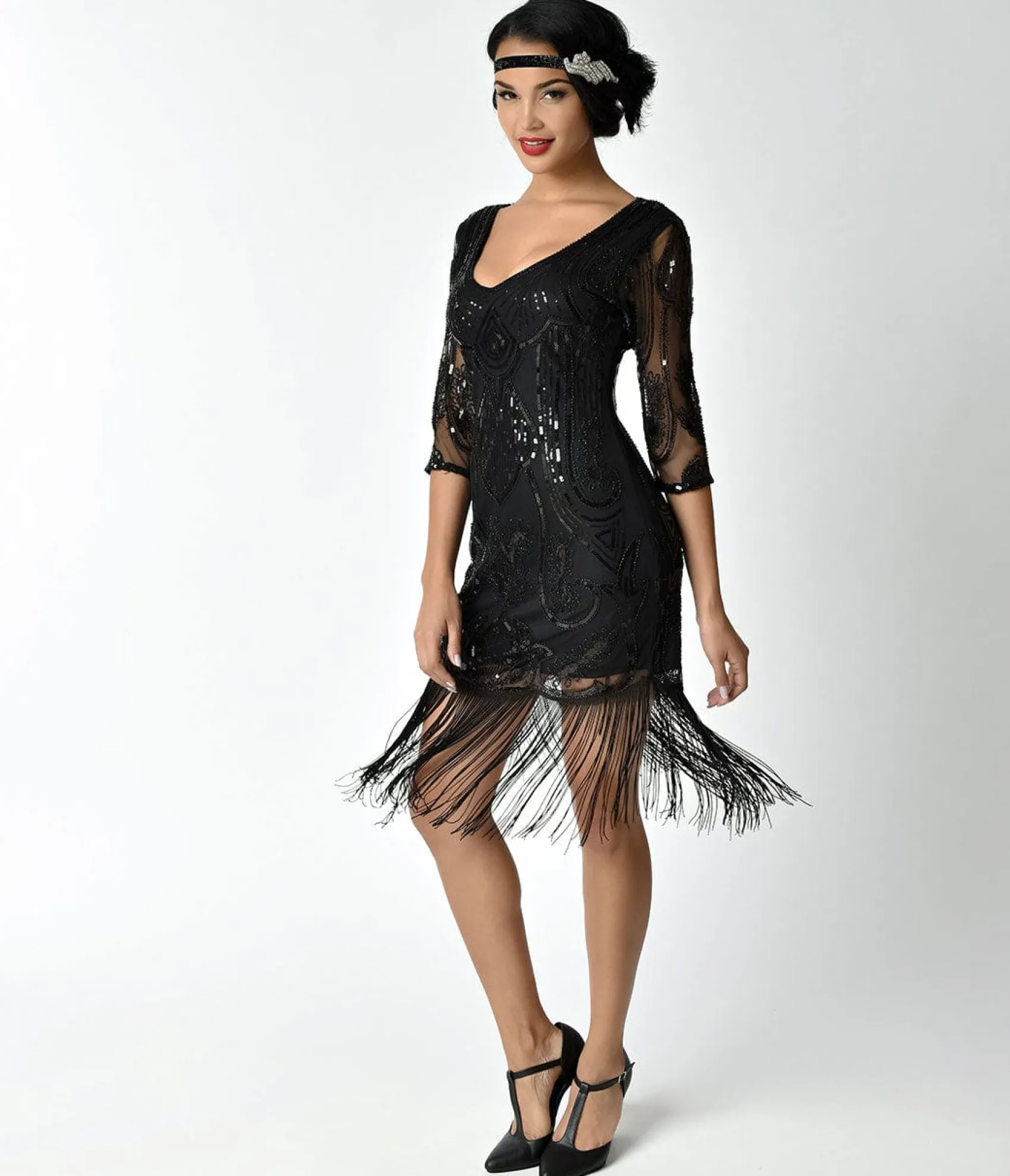 Unique Vintage 1920s Black Beaded & Sequin Margaux Sleeved Fringe Cocktail Dress Online