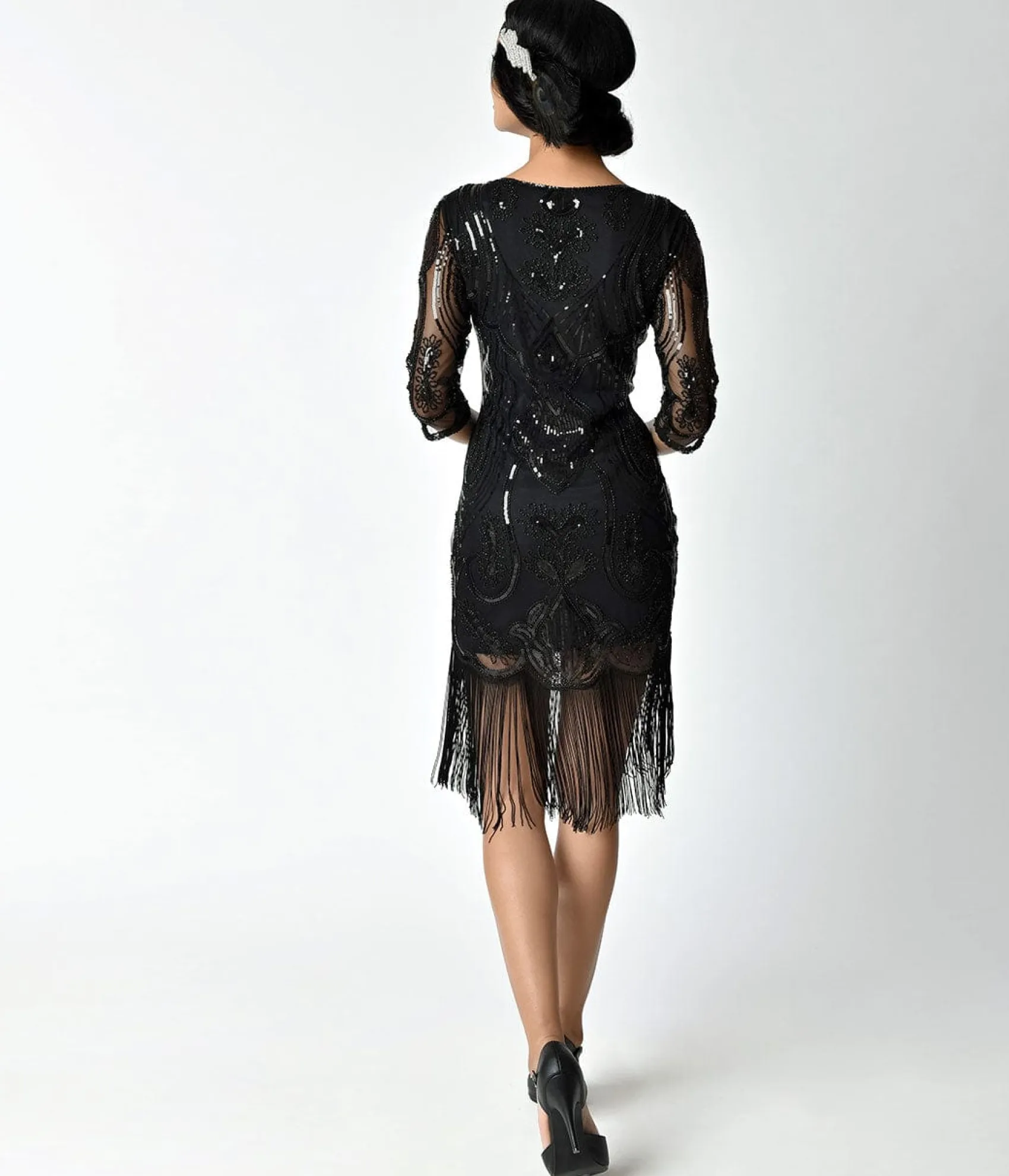 Unique Vintage 1920s Black Beaded & Sequin Margaux Sleeved Fringe Cocktail Dress Online