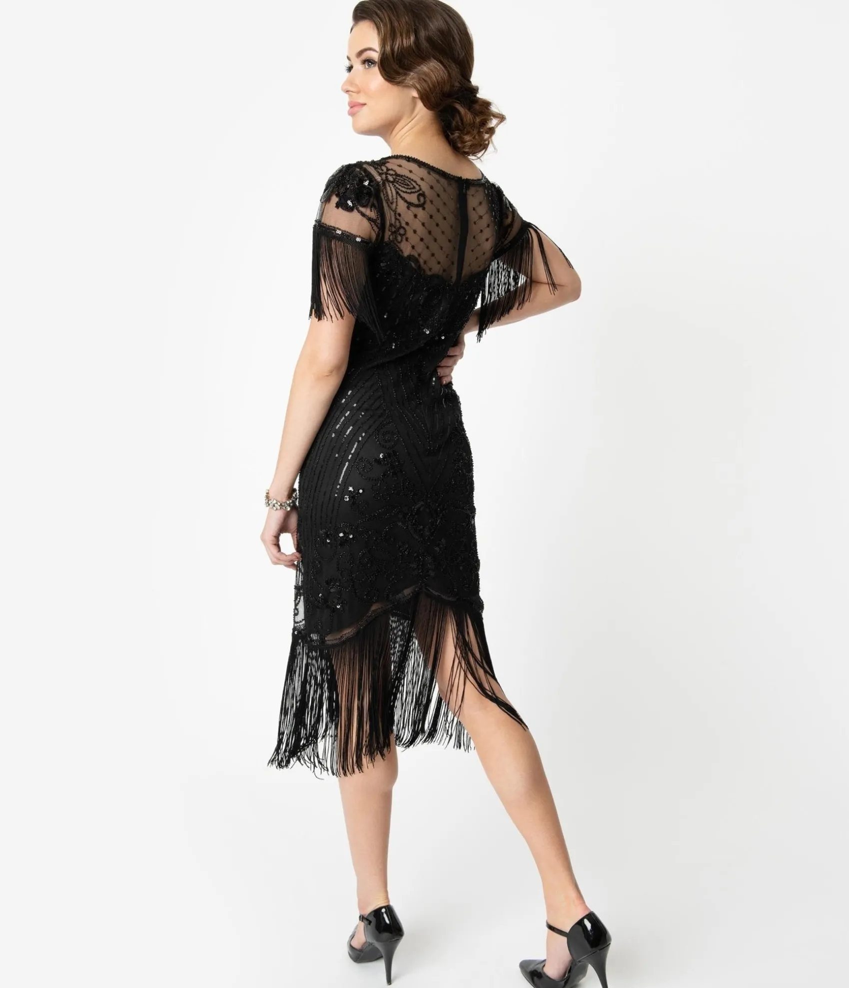 Unique Vintage 1920s Black Beaded Fringe Sleeve Nadine Flapper Dress Discount