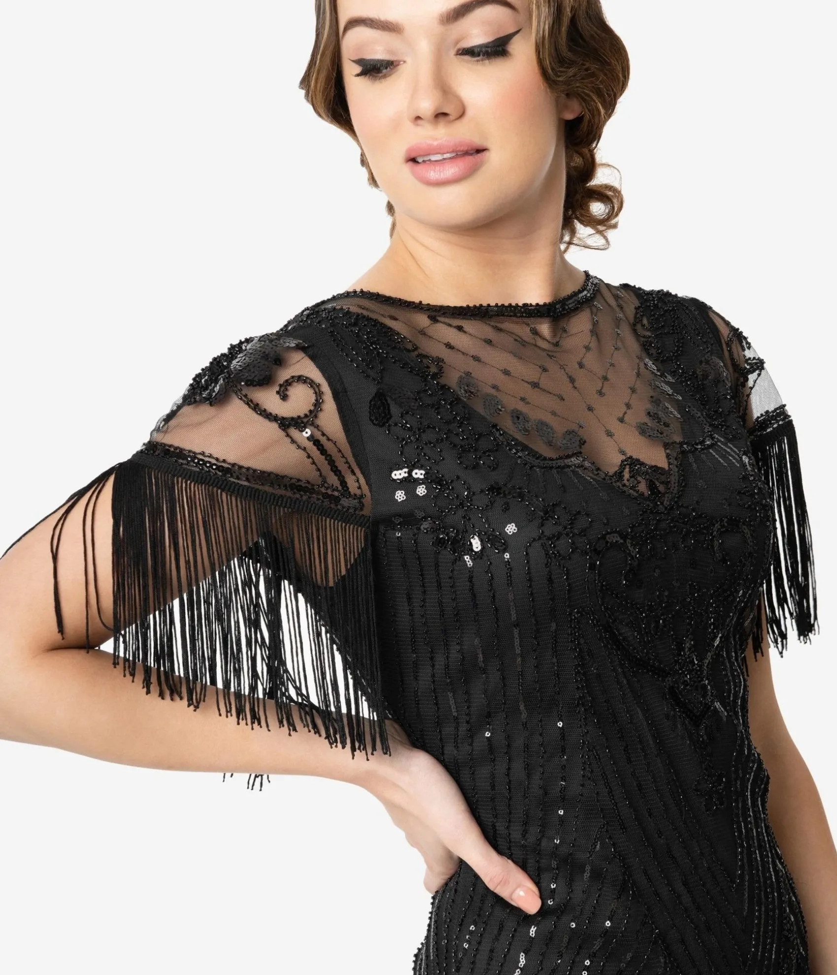Unique Vintage 1920s Black Beaded Fringe Sleeve Nadine Flapper Dress Discount