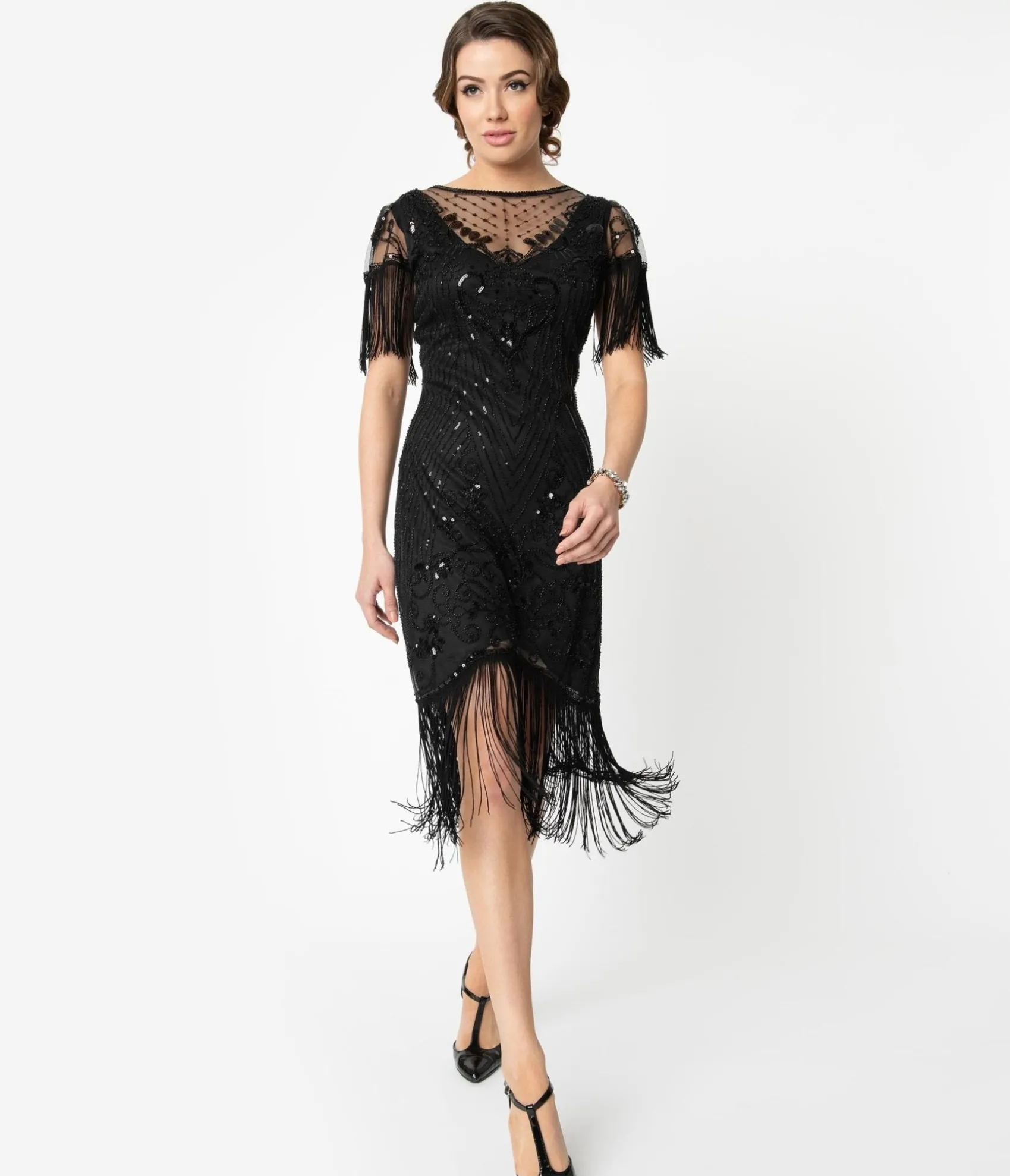 Unique Vintage 1920s Black Beaded Fringe Sleeve Nadine Flapper Dress Discount