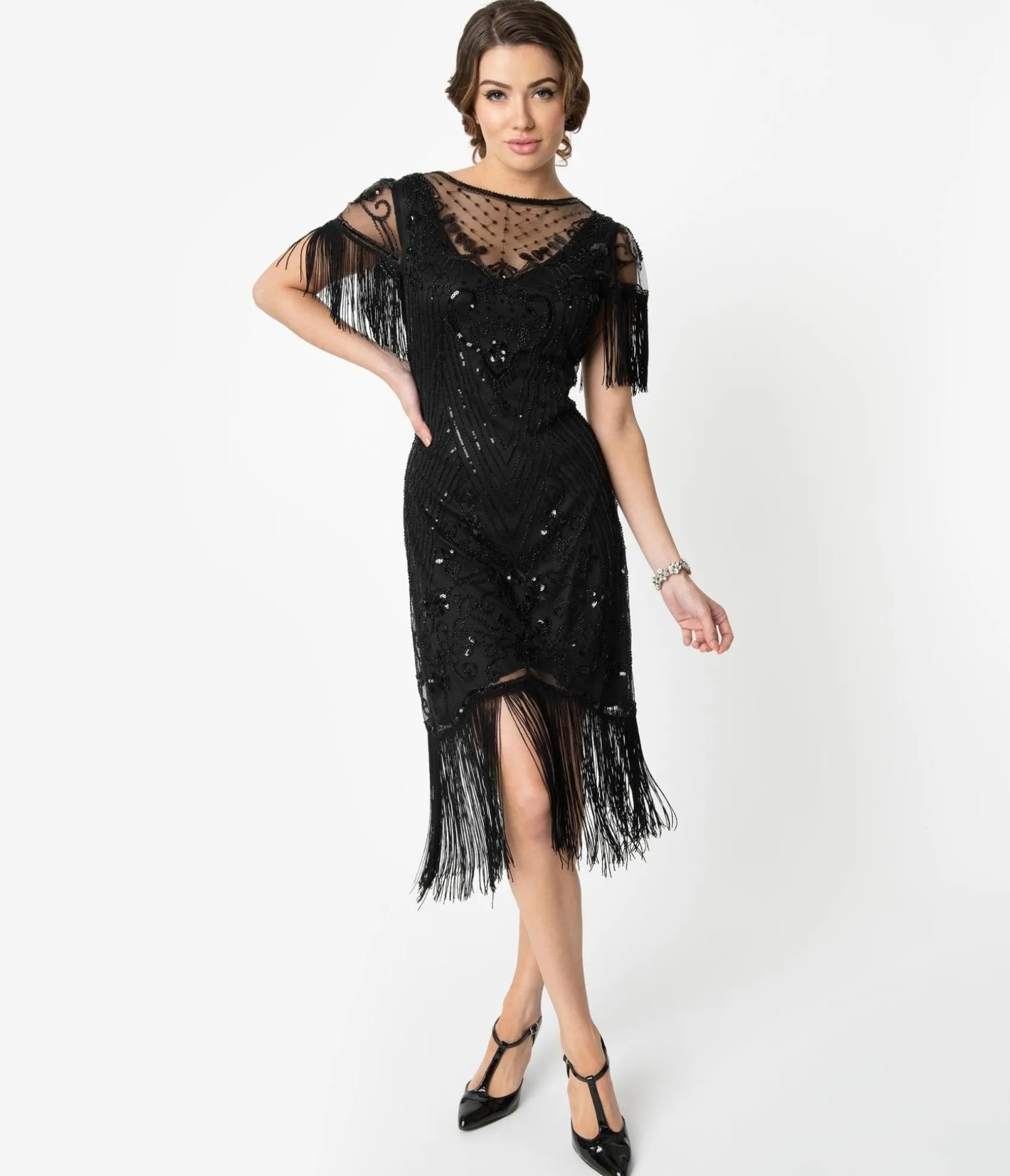 Unique Vintage 1920s Black Beaded Fringe Sleeve Nadine Flapper Dress Discount