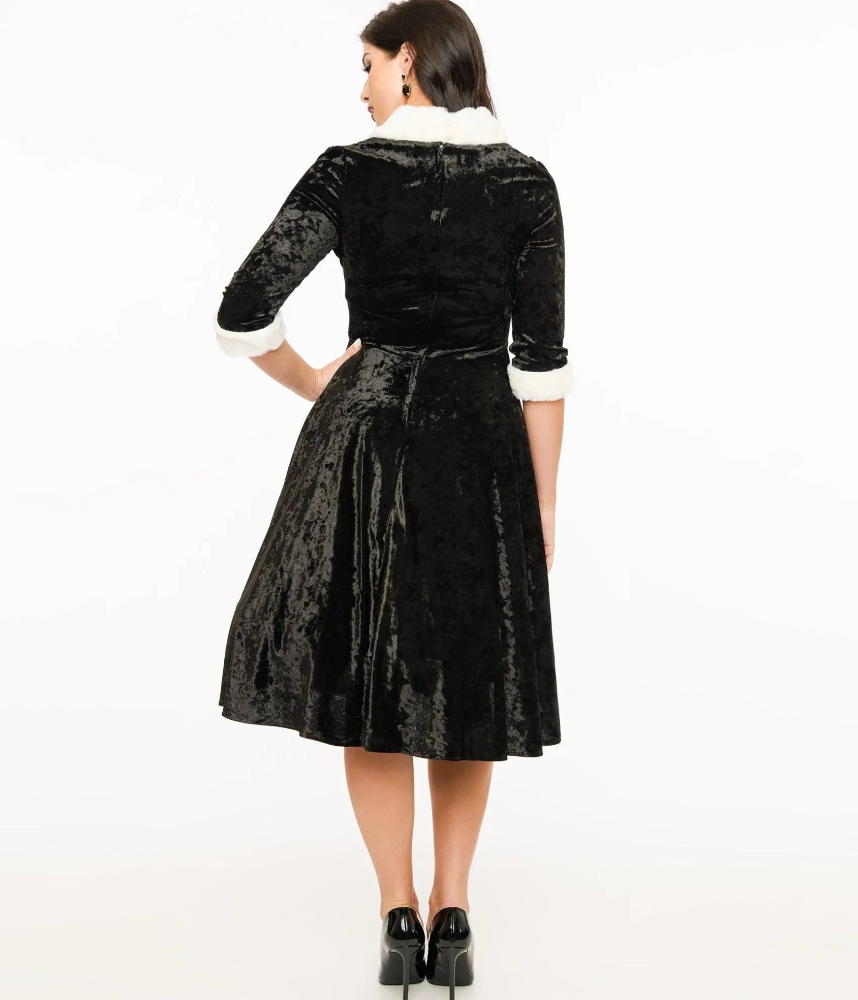 Unique Vintage 1950s Black Crushed Velvet & White Fur Delores Swing Dress Hot