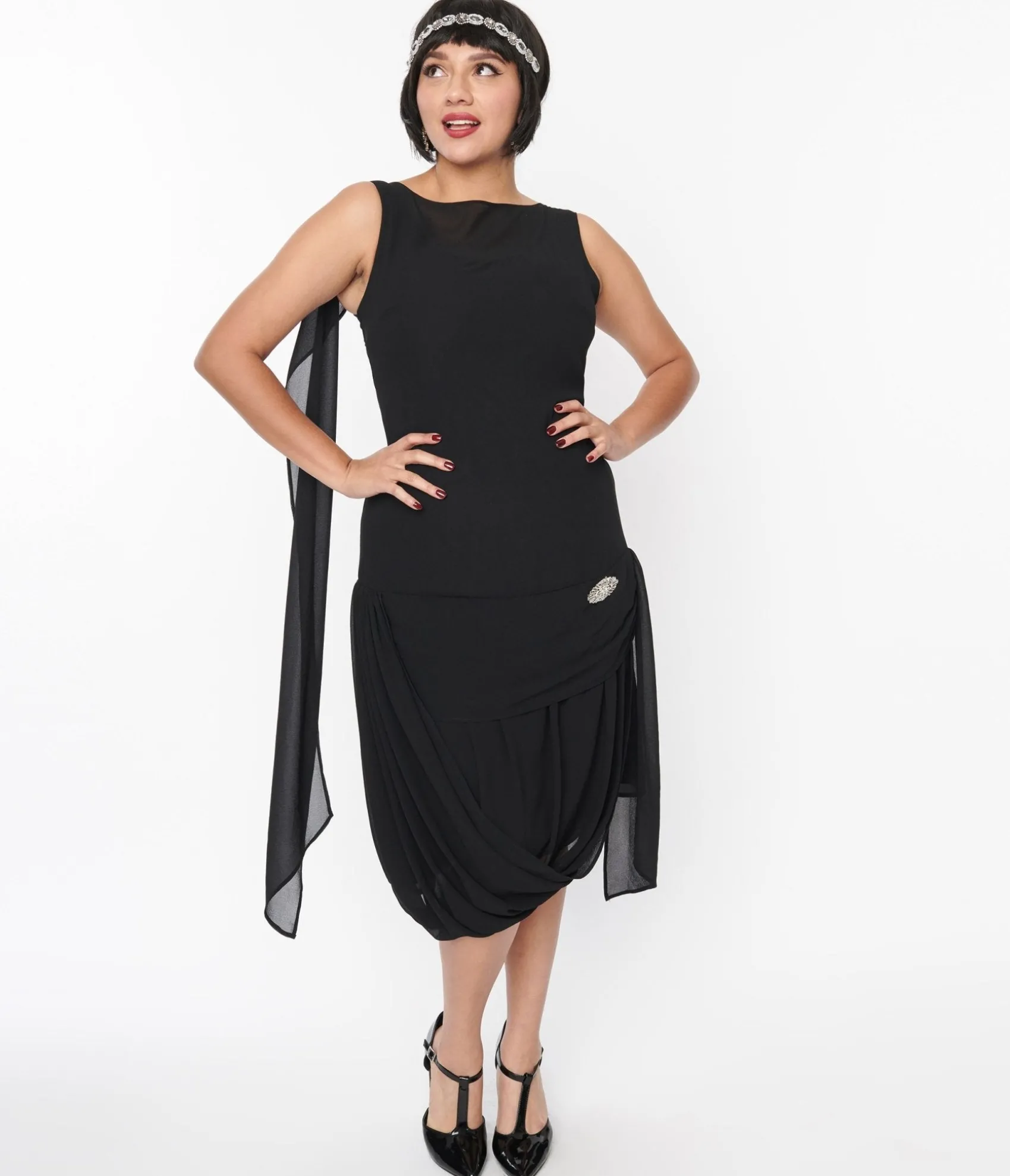 Unique Vintage 1920s Black Draped Flapper Dress Discount