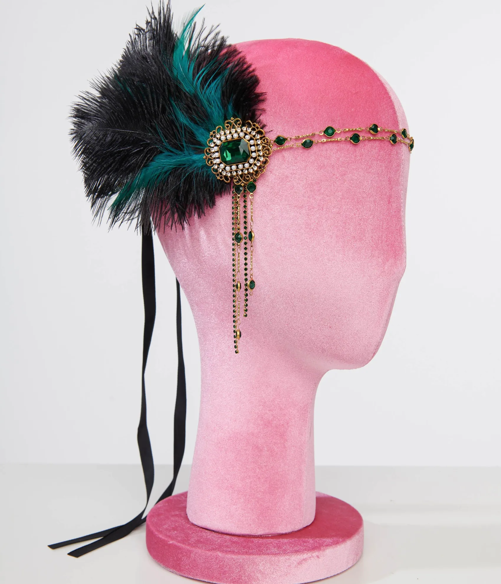 Unique Vintage 1920s Black Feather & Emerald Rhinestone Headband Flash Sale