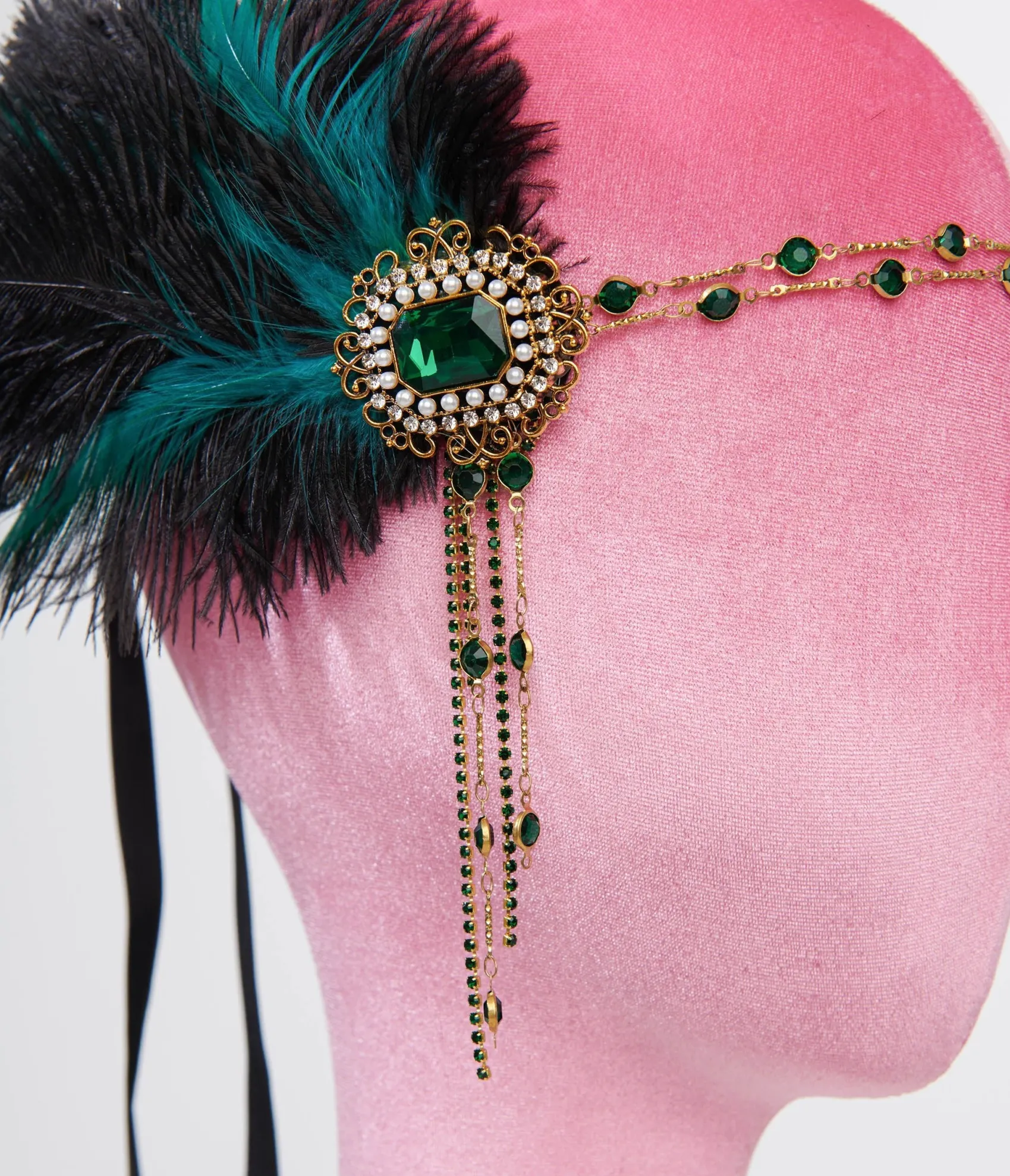 Unique Vintage 1920s Black Feather & Emerald Rhinestone Headband Flash Sale