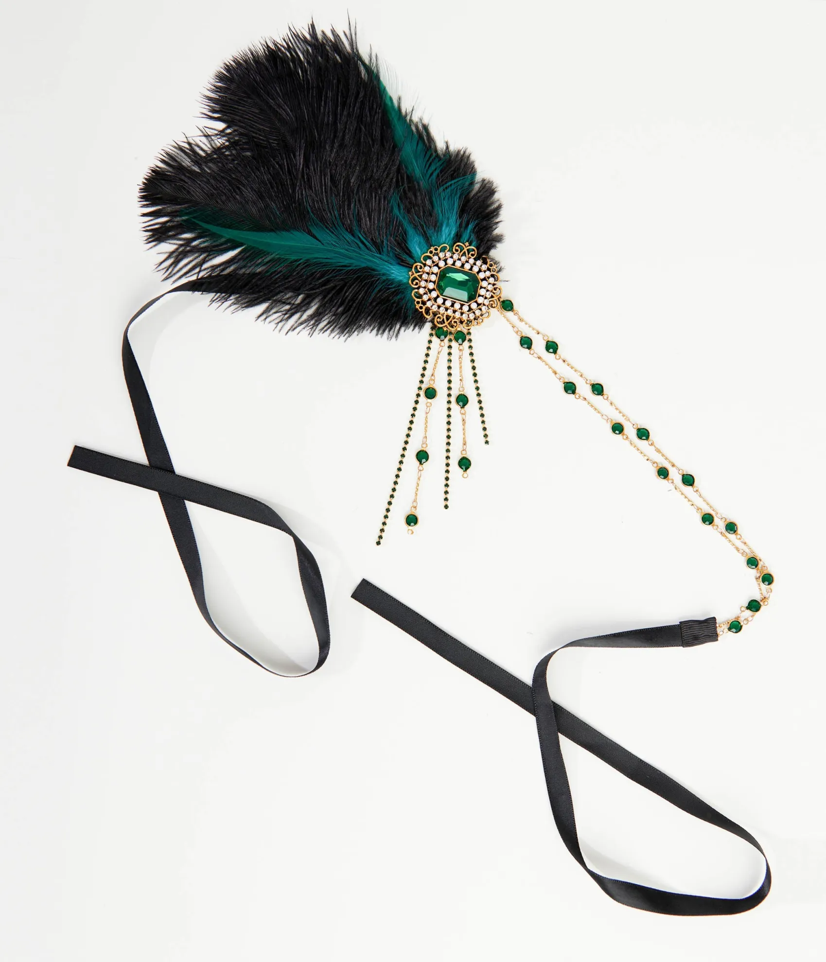 Unique Vintage 1920s Black Feather & Emerald Rhinestone Headband Flash Sale