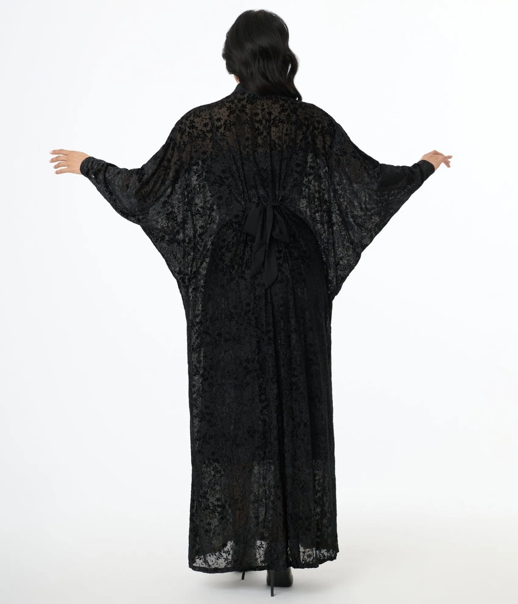 Unique Vintage 1970s Black Floral Burnout Mesh High Neck Caftan Outlet