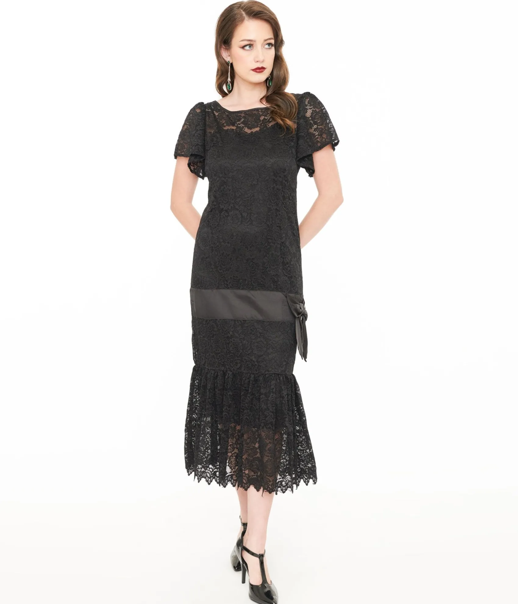 Unique Vintage 1920s Black Floral Lace & Bow Flapper Dress Cheap