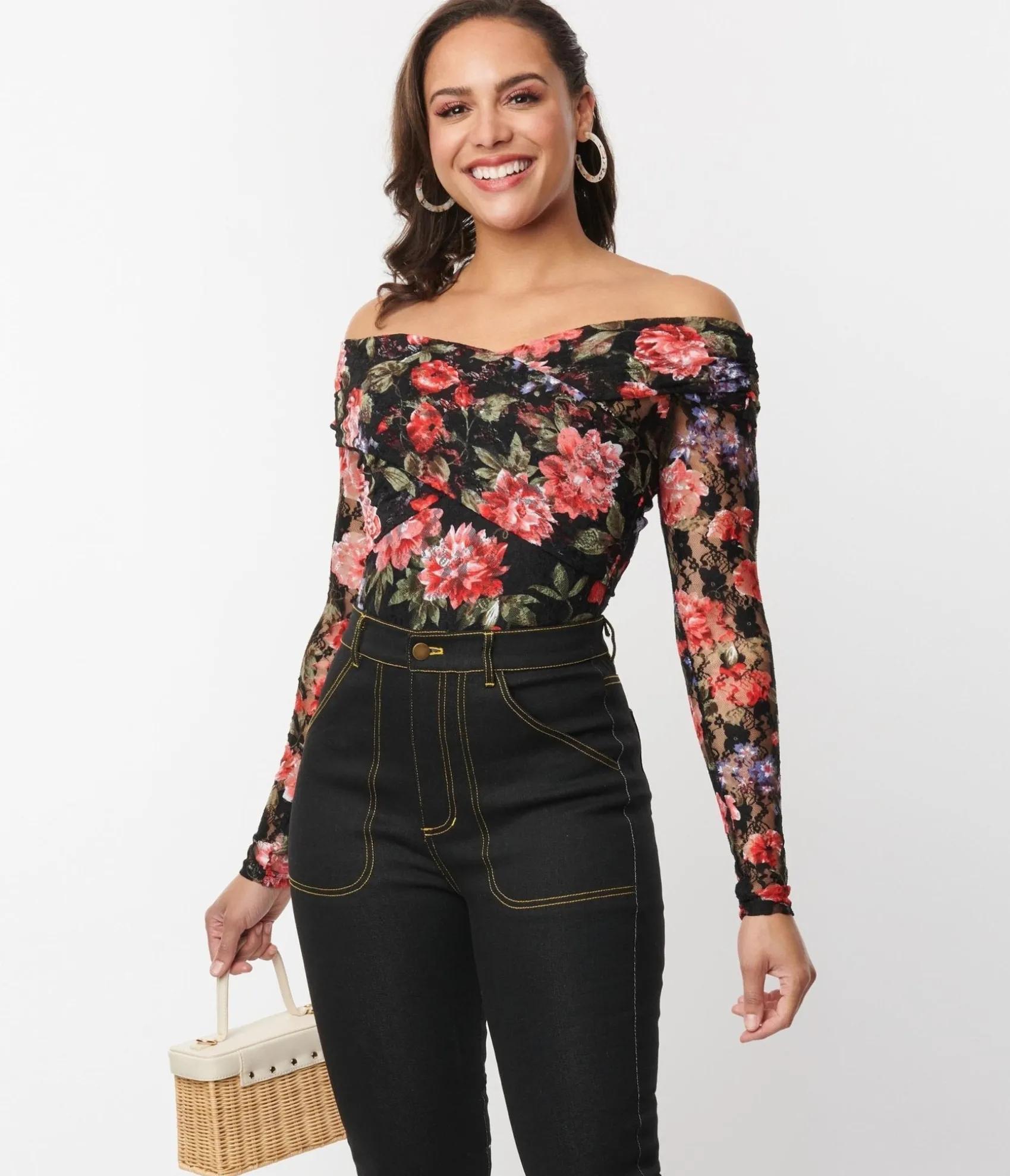 Unique Vintage 1940s Black Floral Lace Saturday Night Bodysuit Shop