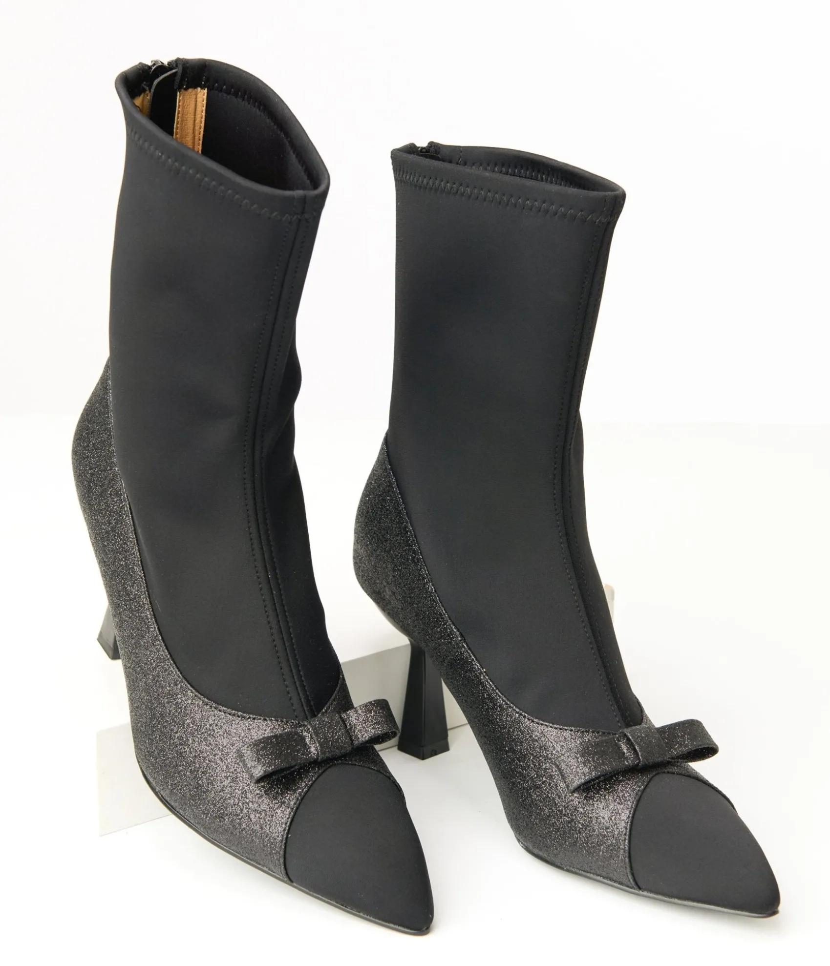 Unique Vintage 1950s Black Glitter Bow Boots Fashion