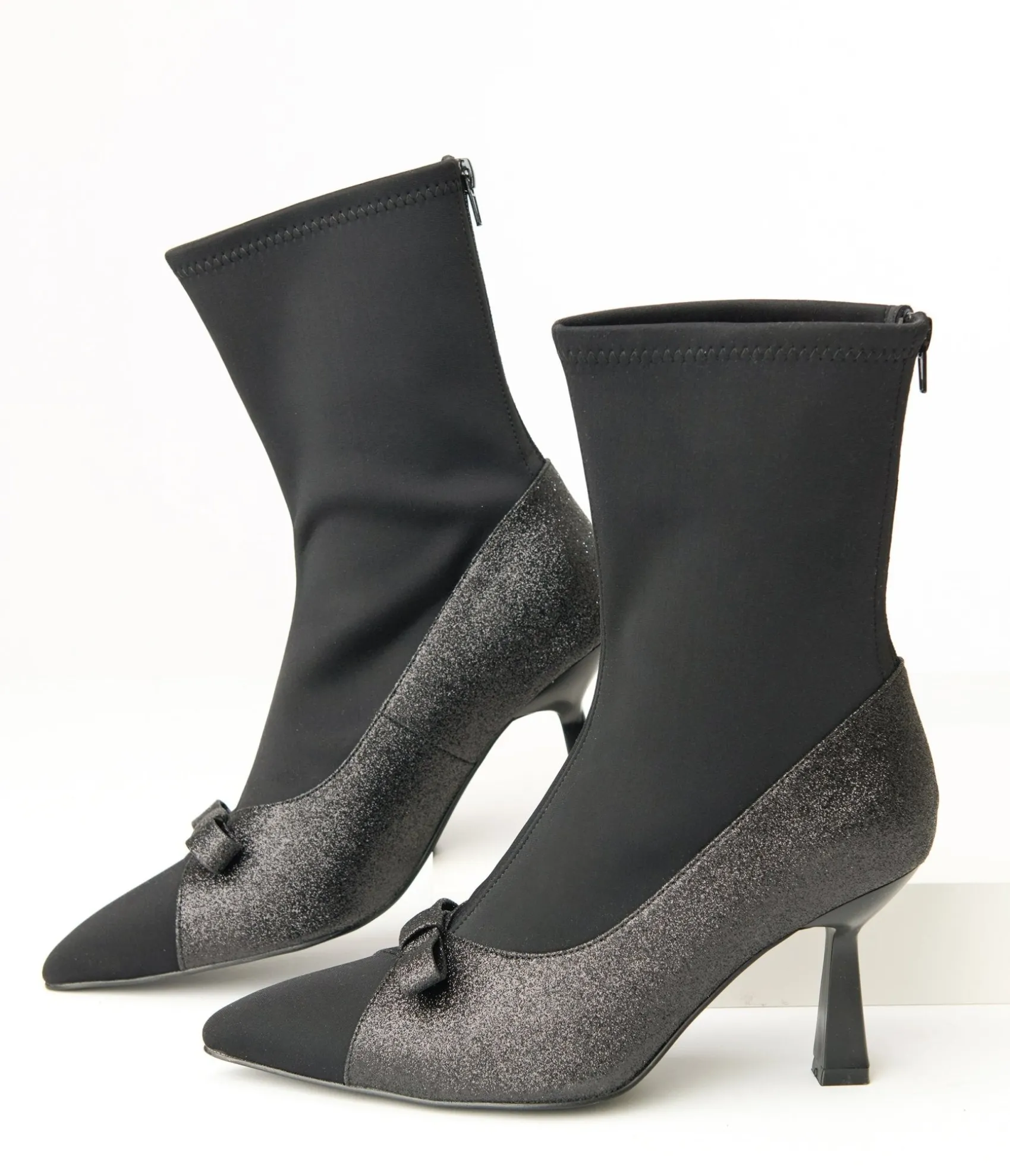Unique Vintage 1950s Black Glitter Bow Boots Fashion
