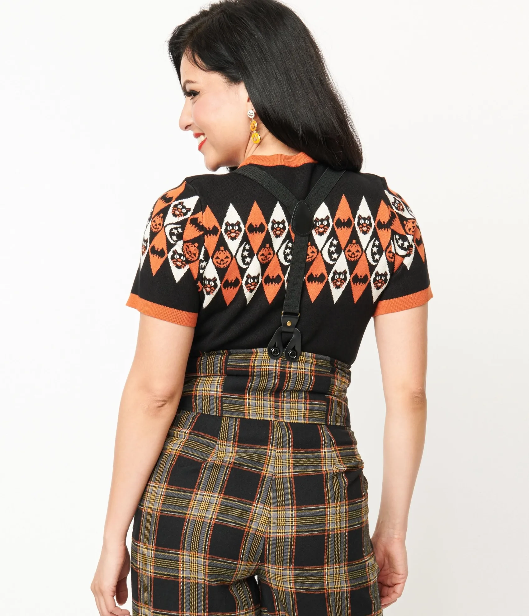 Unique Vintage 1950s Black Halloween Argyle Sweater Cheap