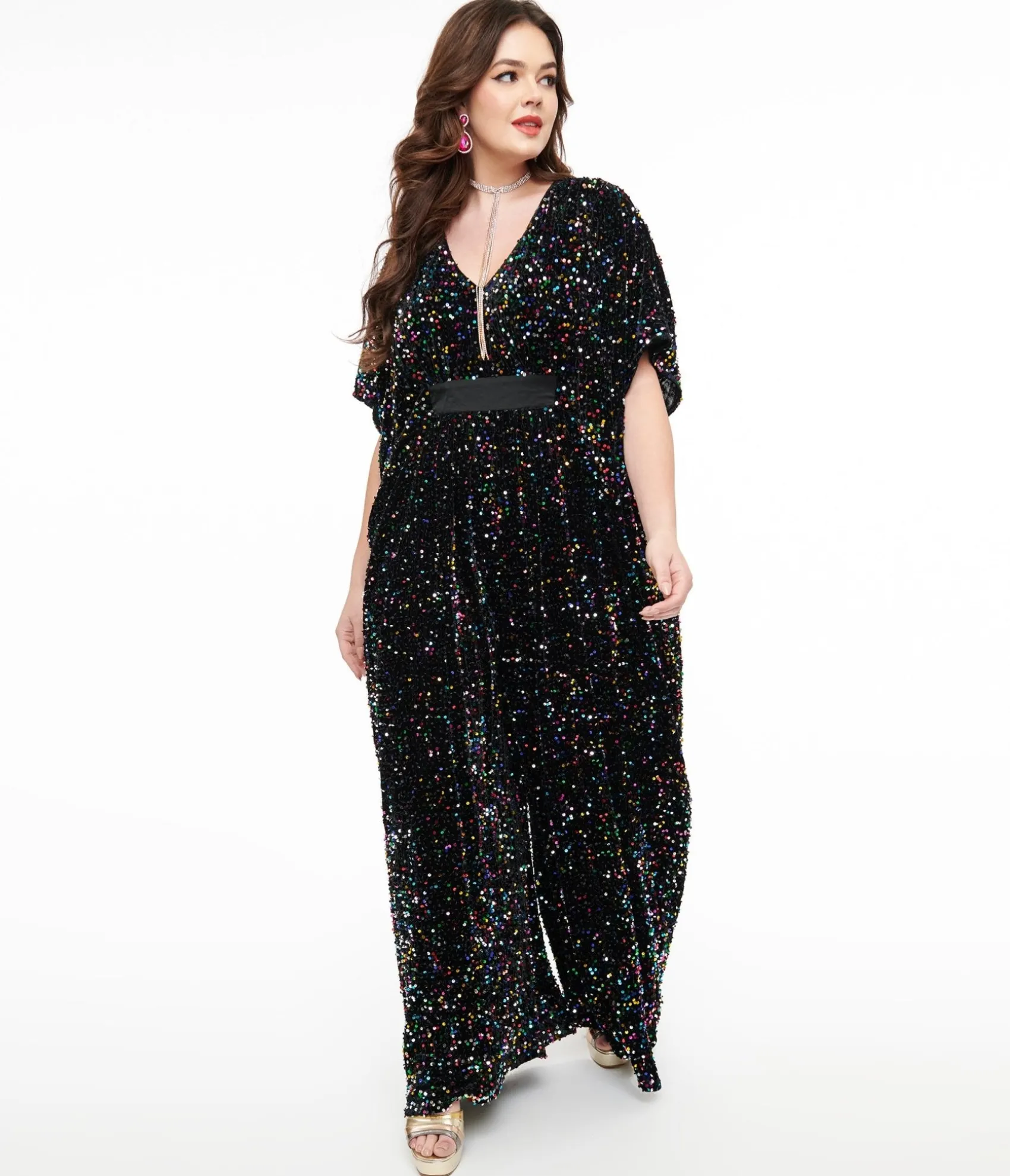 Unique Vintage 1970s Black Iridescent Sequin Caftan Jumpsuit Outlet