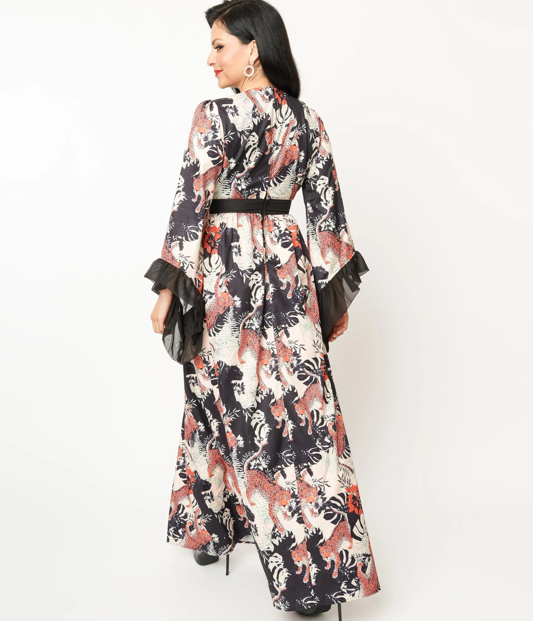 Unique Vintage 1970s Black Jungle Cat Print Maxi Dress Best Sale