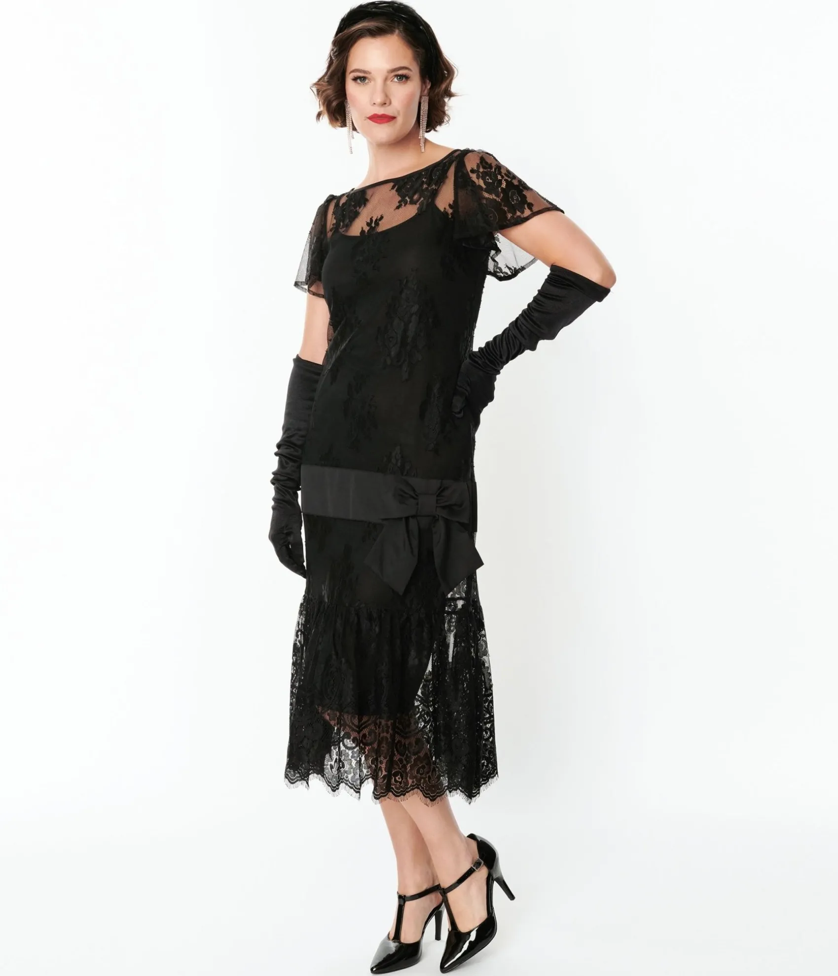 Unique Vintage 1920s Black Lace & Bow Flapper Dress Discount