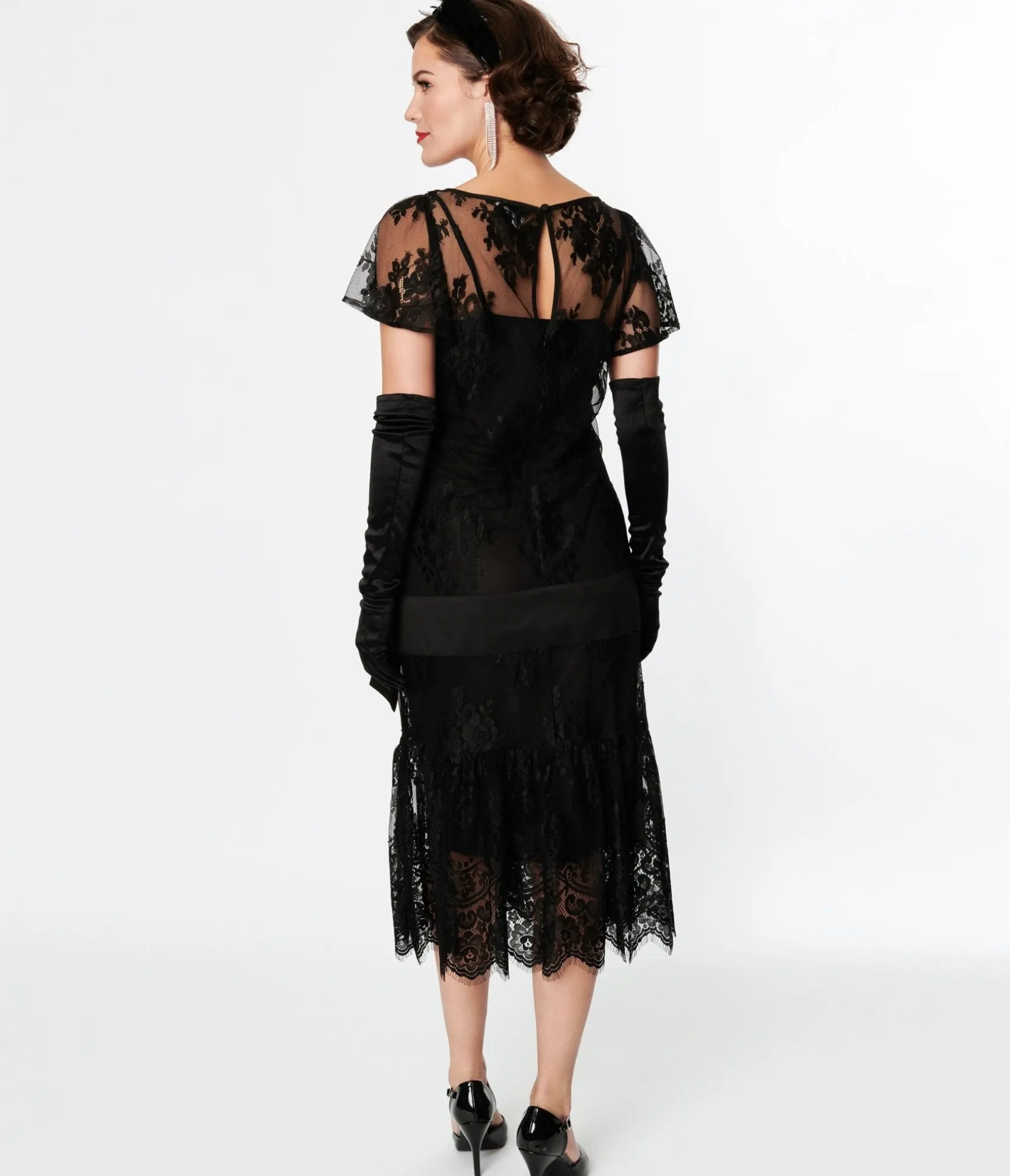 Unique Vintage 1920s Black Lace & Bow Flapper Dress Discount