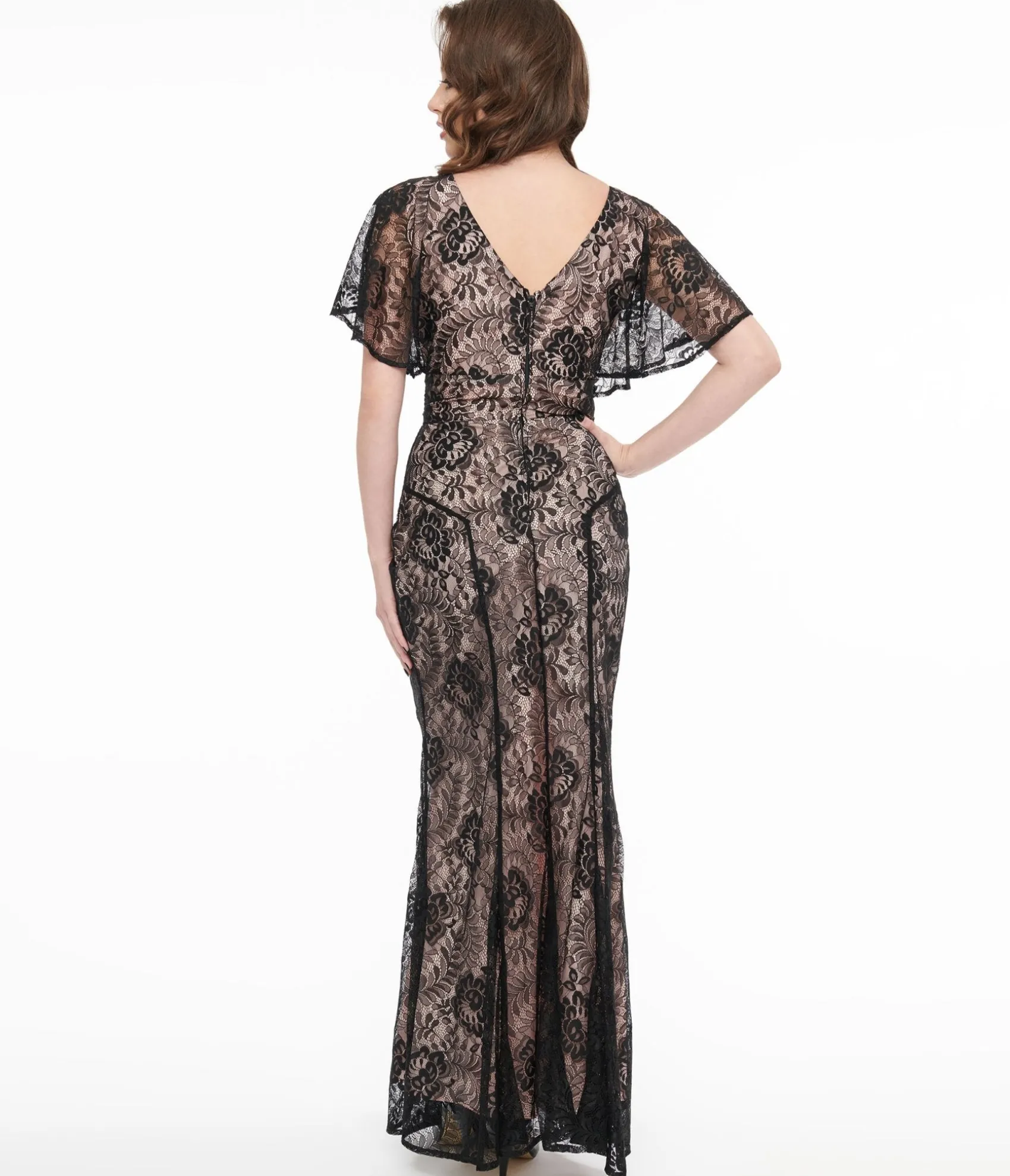 Unique Vintage 1930s Black Lace & Peach Lining Flutter Sleeve Gown Cheap