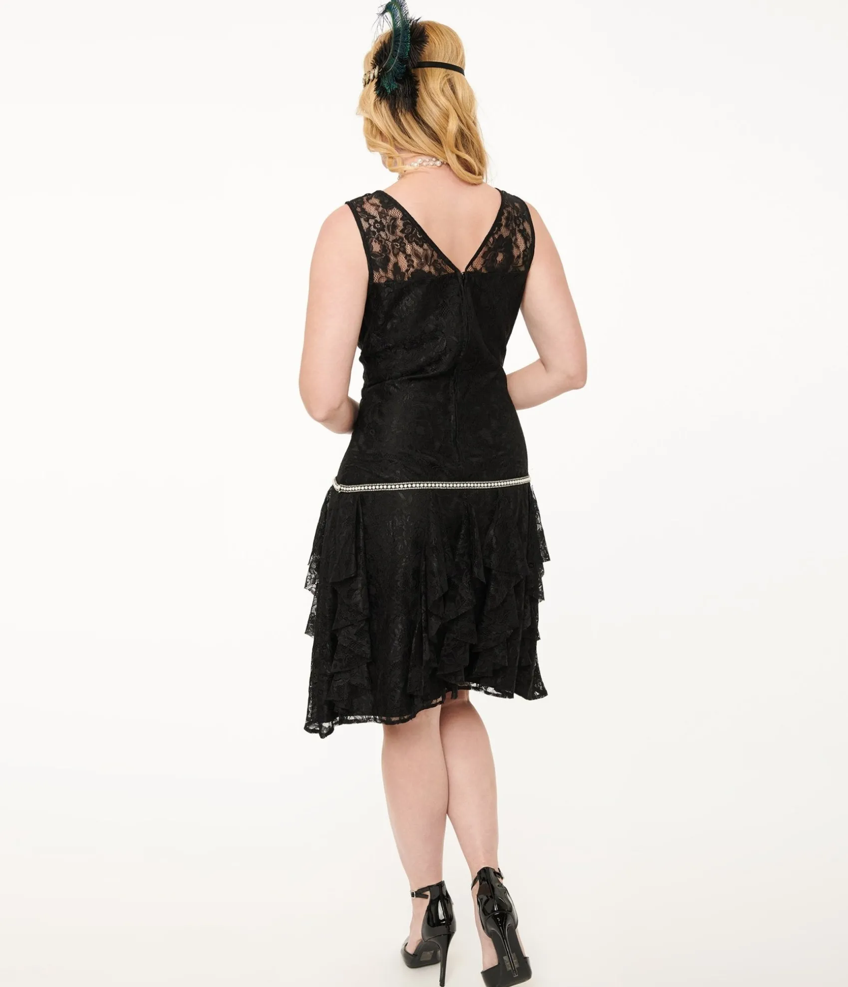 Unique Vintage 1920s Black Lace & Red Flowers Ruffle Flapper Dres Discount
