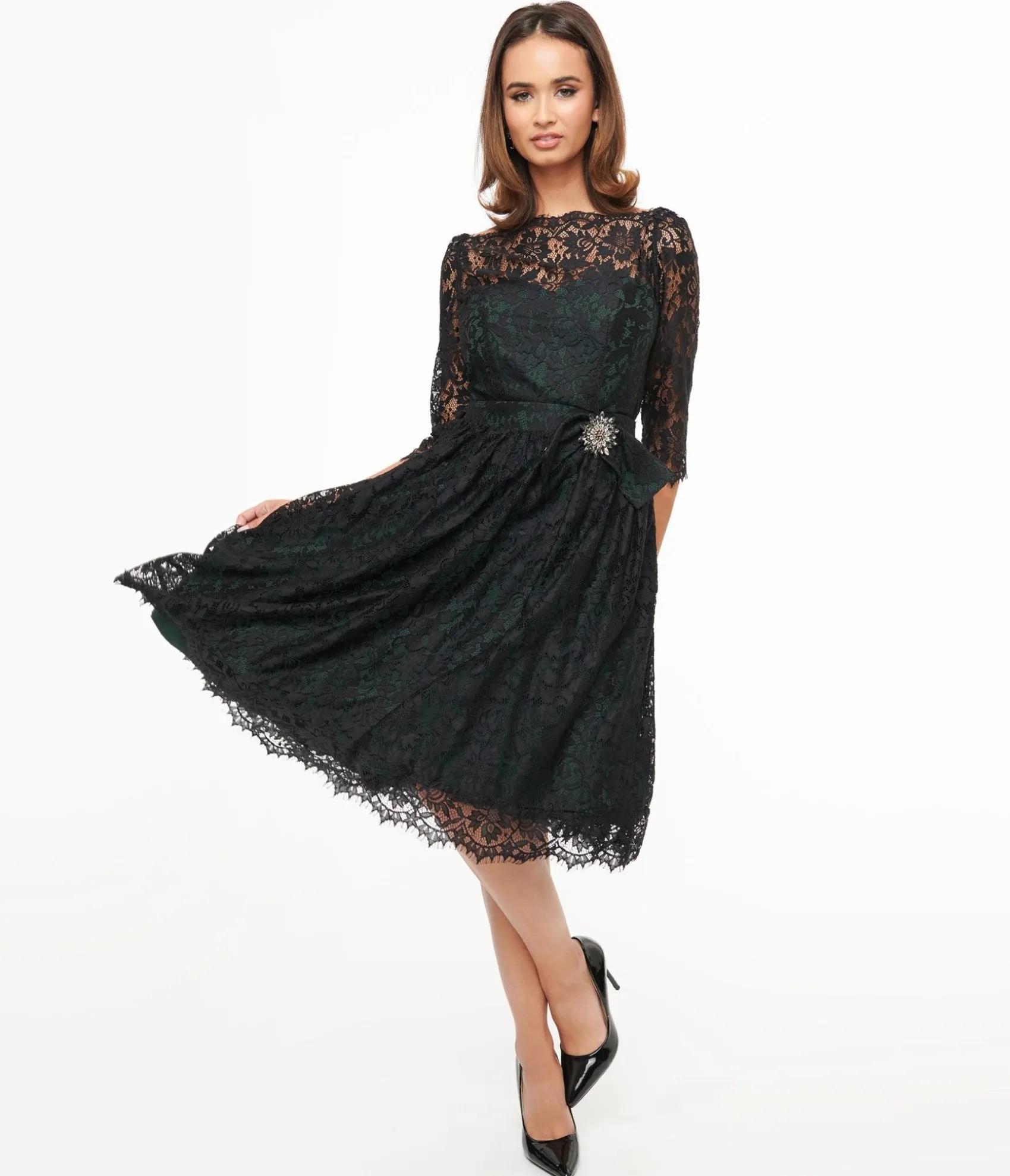 Unique Vintage 1940s Black Lace Swing Dress New