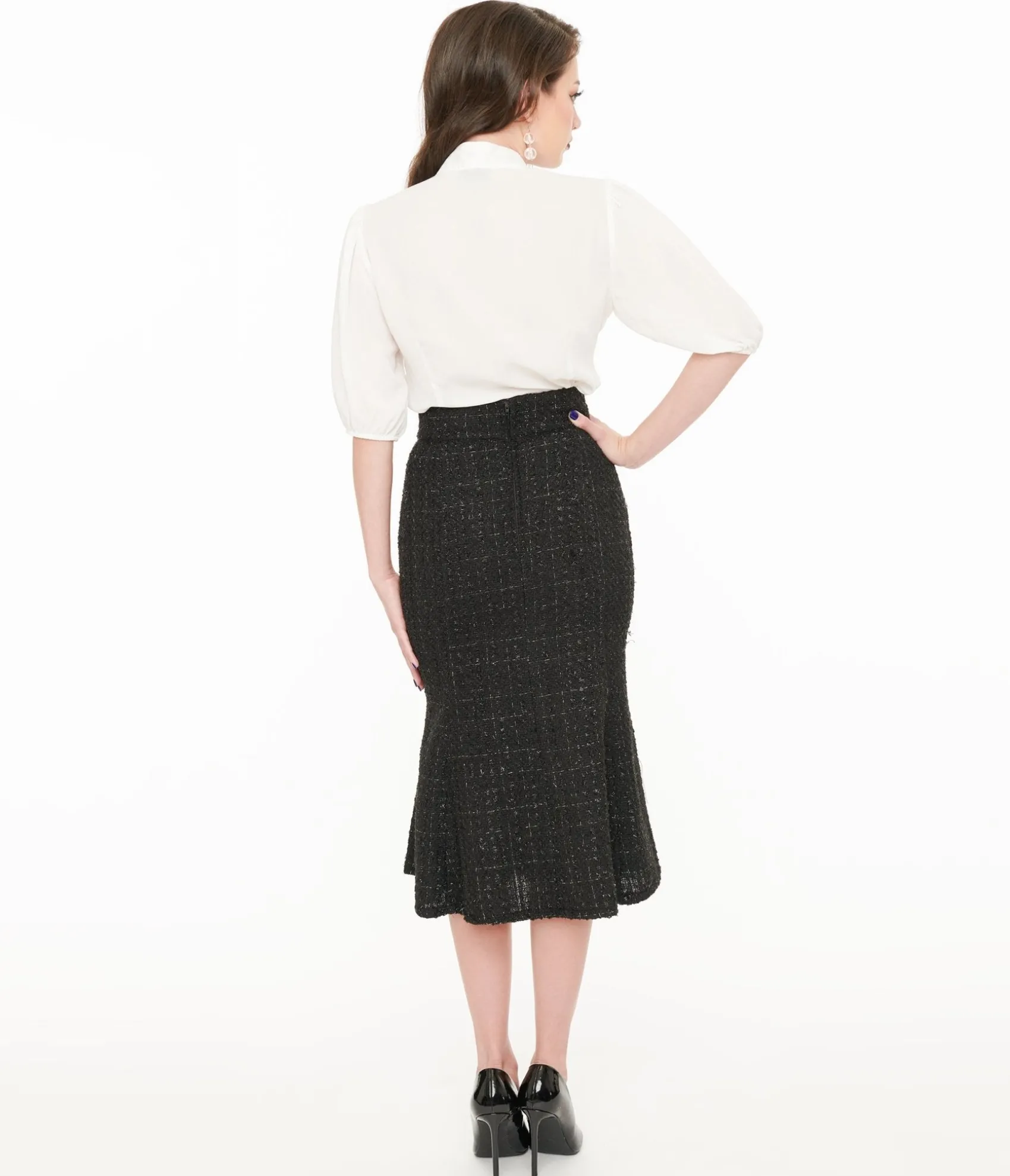Unique Vintage 1940s Black Lurex Tweed Tina Trumpet Skirt Clearance