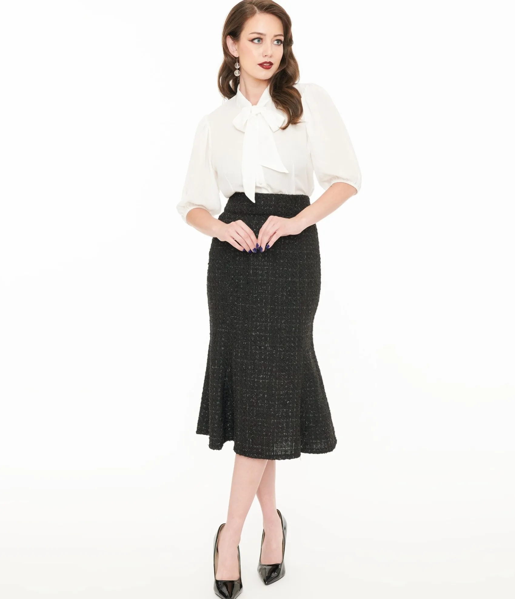 Unique Vintage 1940s Black Lurex Tweed Tina Trumpet Skirt Clearance