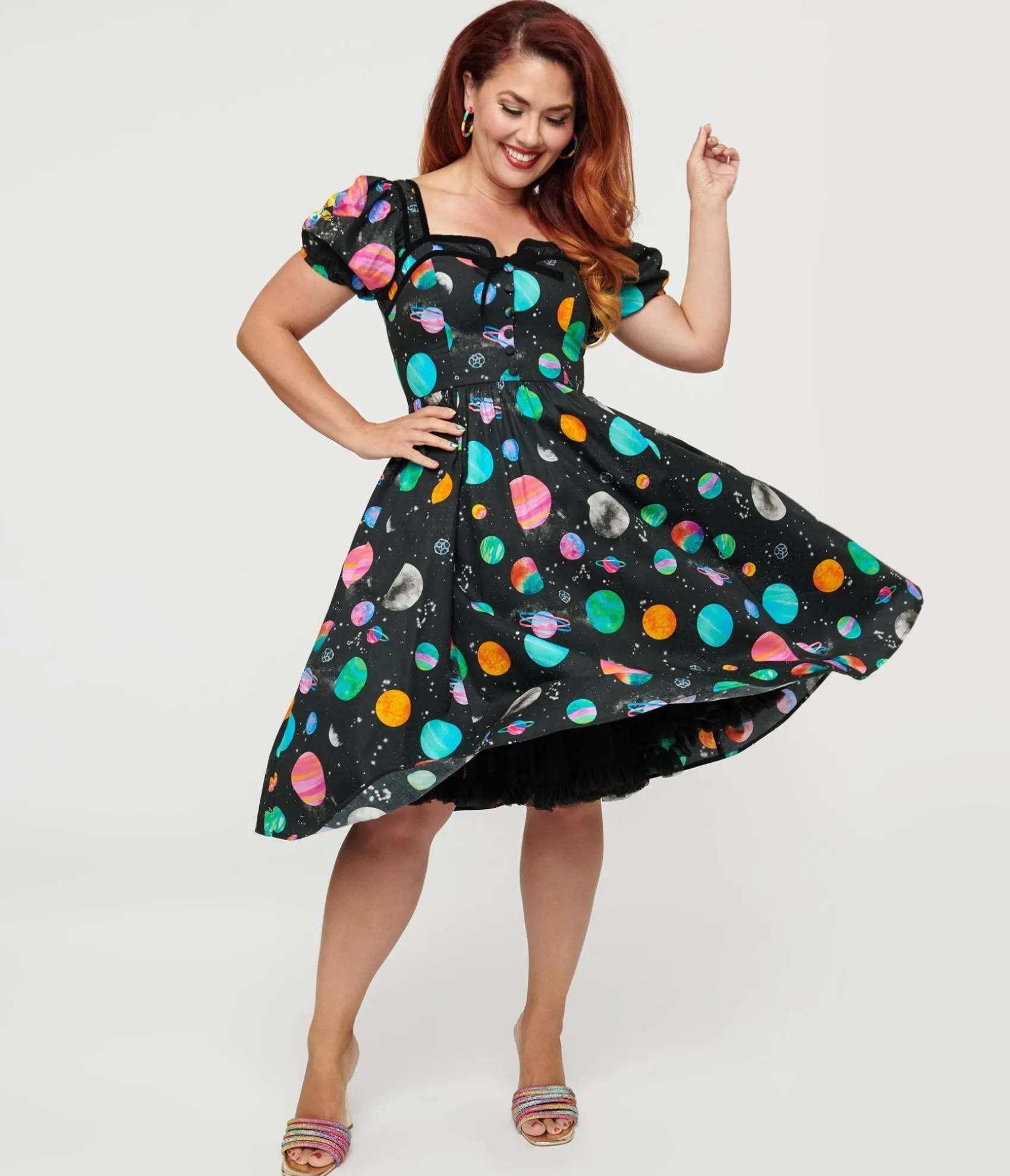 Unique Vintage 1940s Black Planet Print Button Front Dress Clearance
