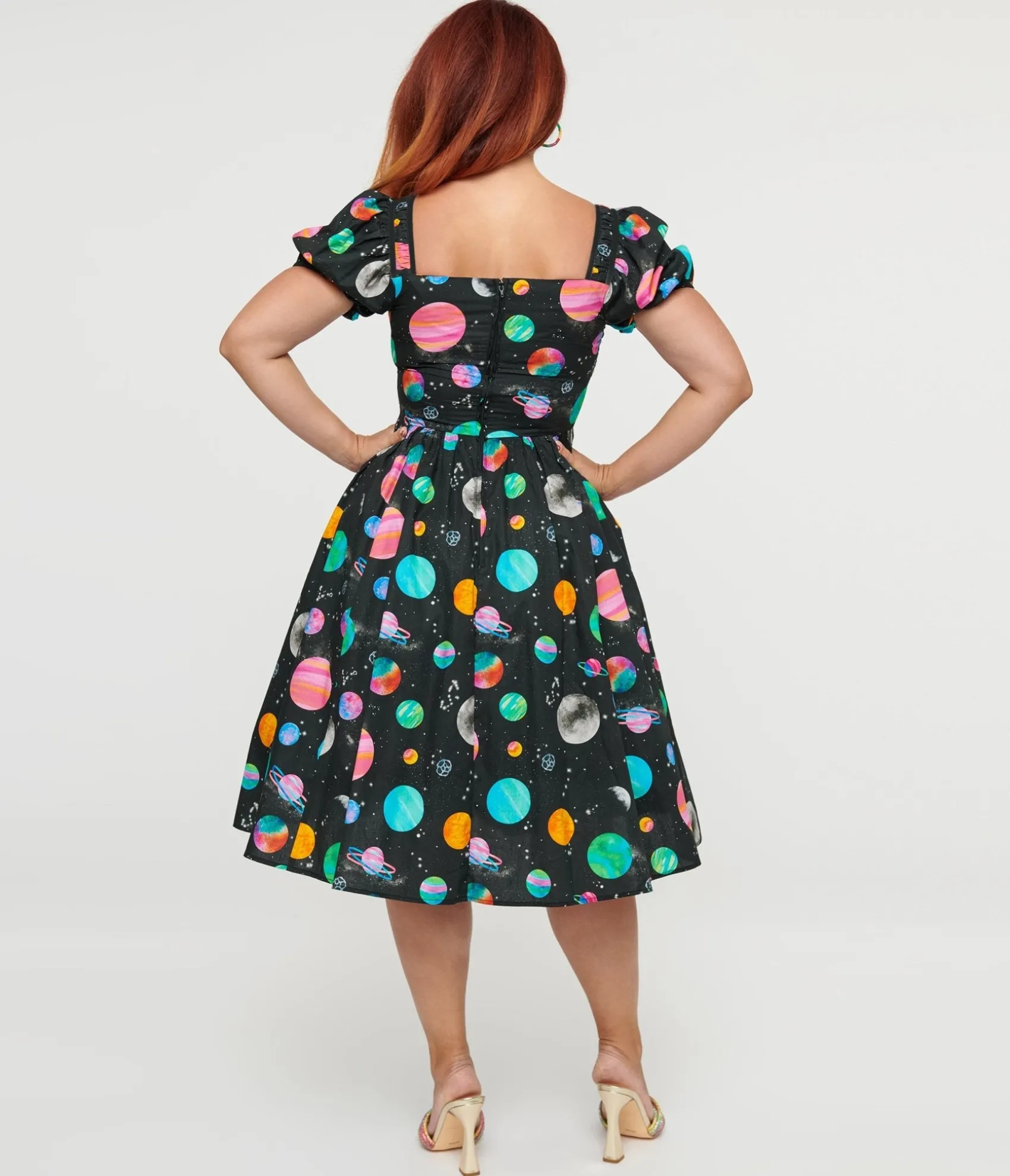 Unique Vintage 1940s Black Planet Print Button Front Dress Clearance