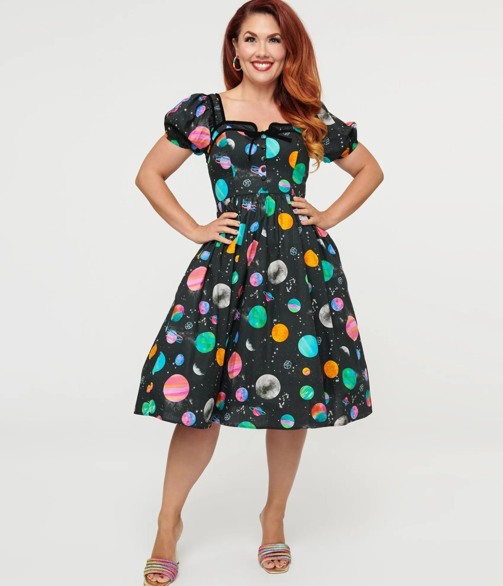 Unique Vintage 1940s Black Planet Print Button Front Dress Clearance