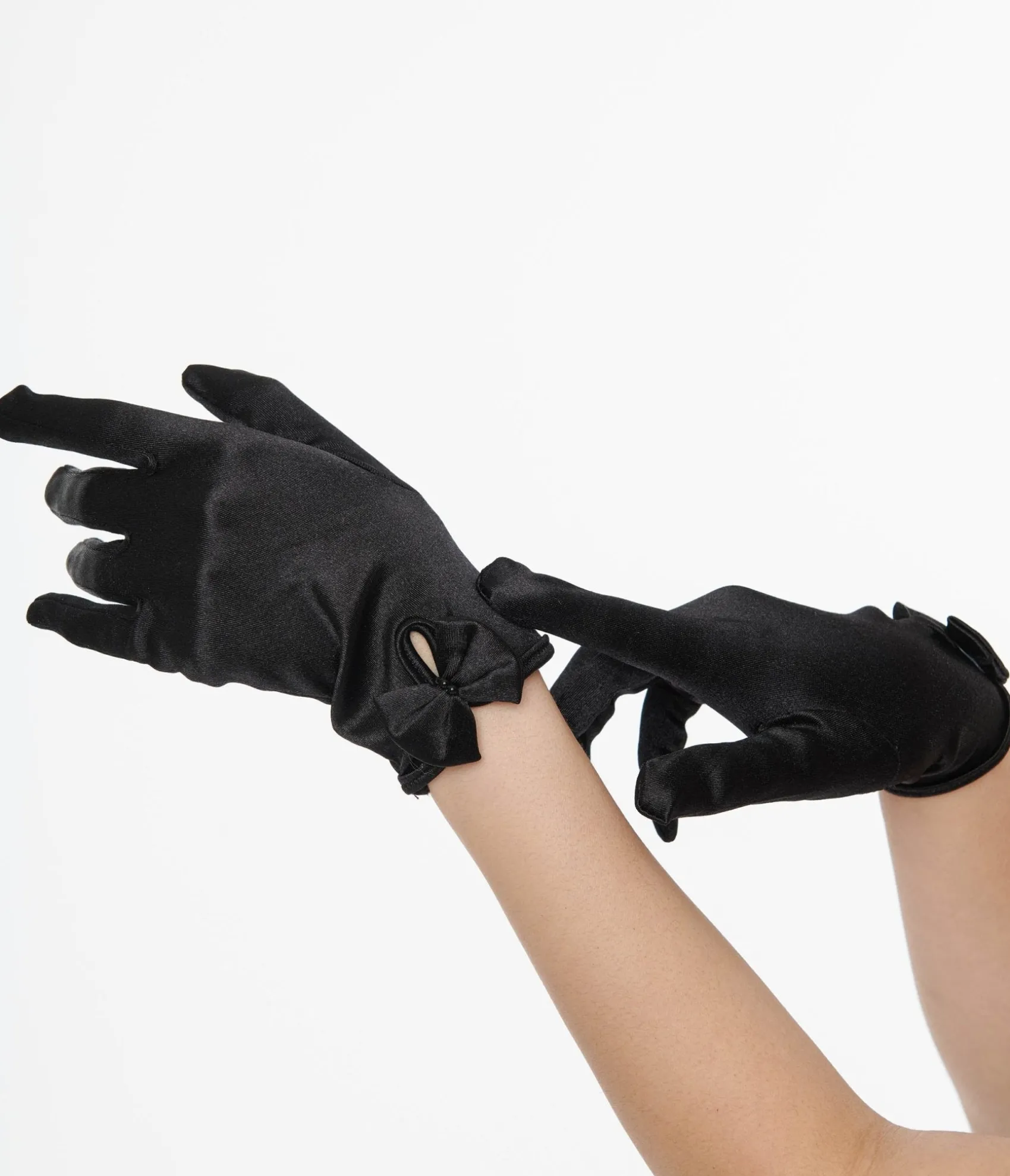 Unique Vintage 1950s Black Satin Bow Gloves Clearance