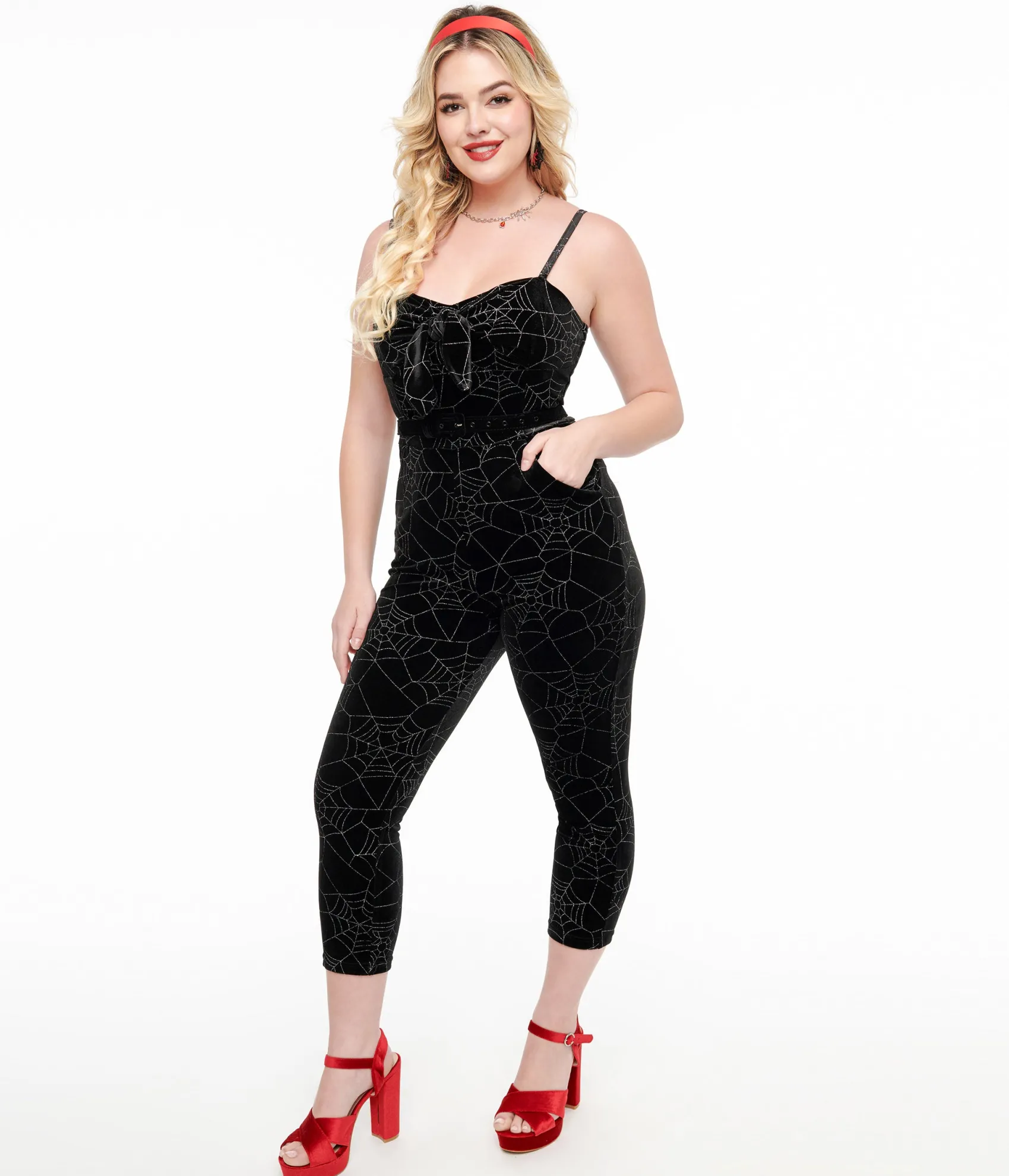 Unique Vintage 1950s Black Velvet & Silver Web Cropped Jumpsuit Best Sale