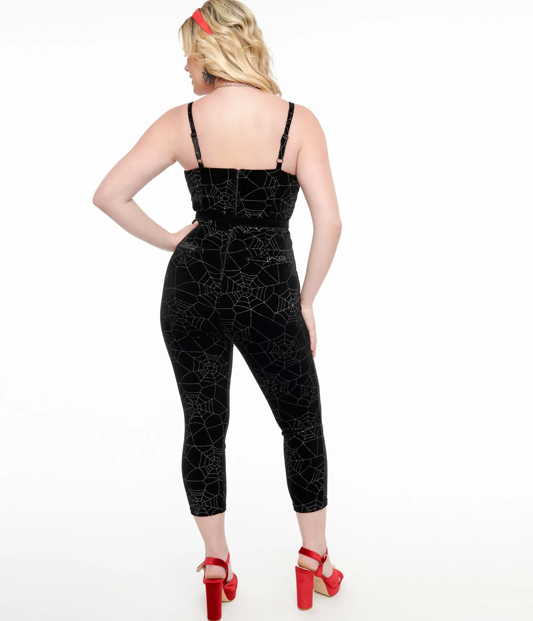 Unique Vintage 1950s Black Velvet & Silver Web Cropped Jumpsuit Best Sale