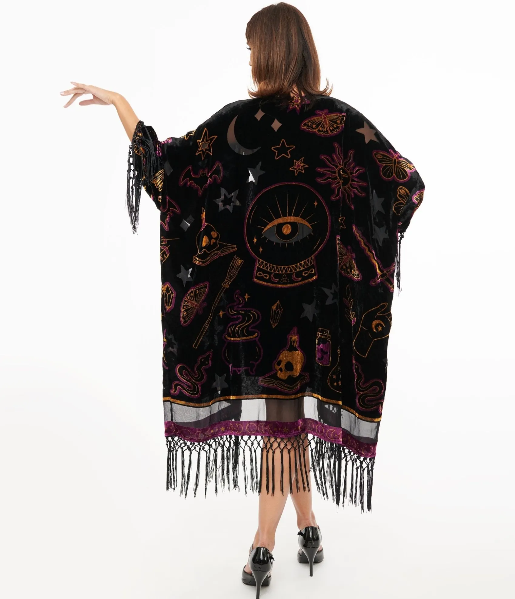 Unique Vintage 1920s Black Velvet Burnout Mystical Icons Fringe Kimono Hot