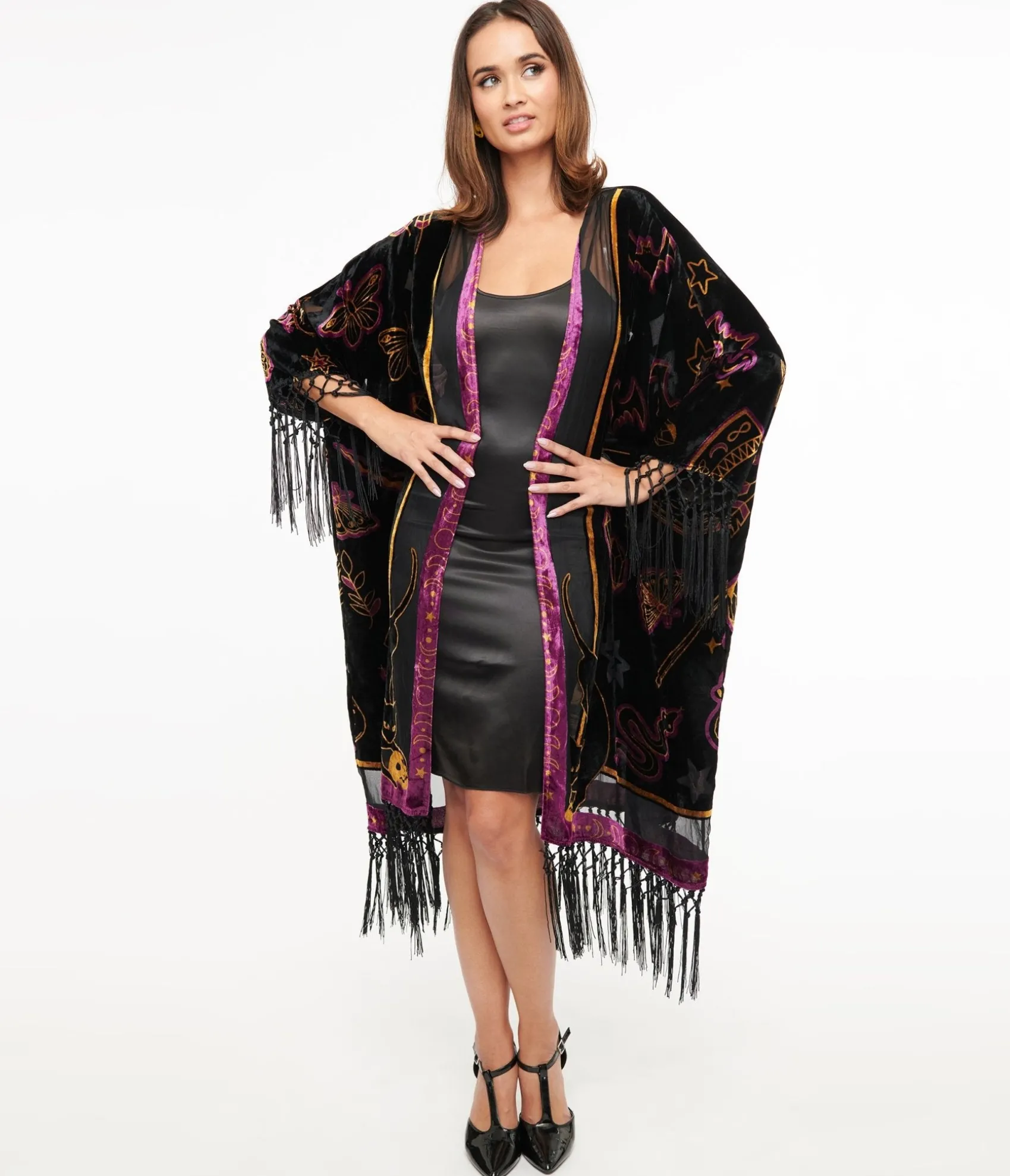 Unique Vintage 1920s Black Velvet Burnout Mystical Icons Fringe Kimono Hot