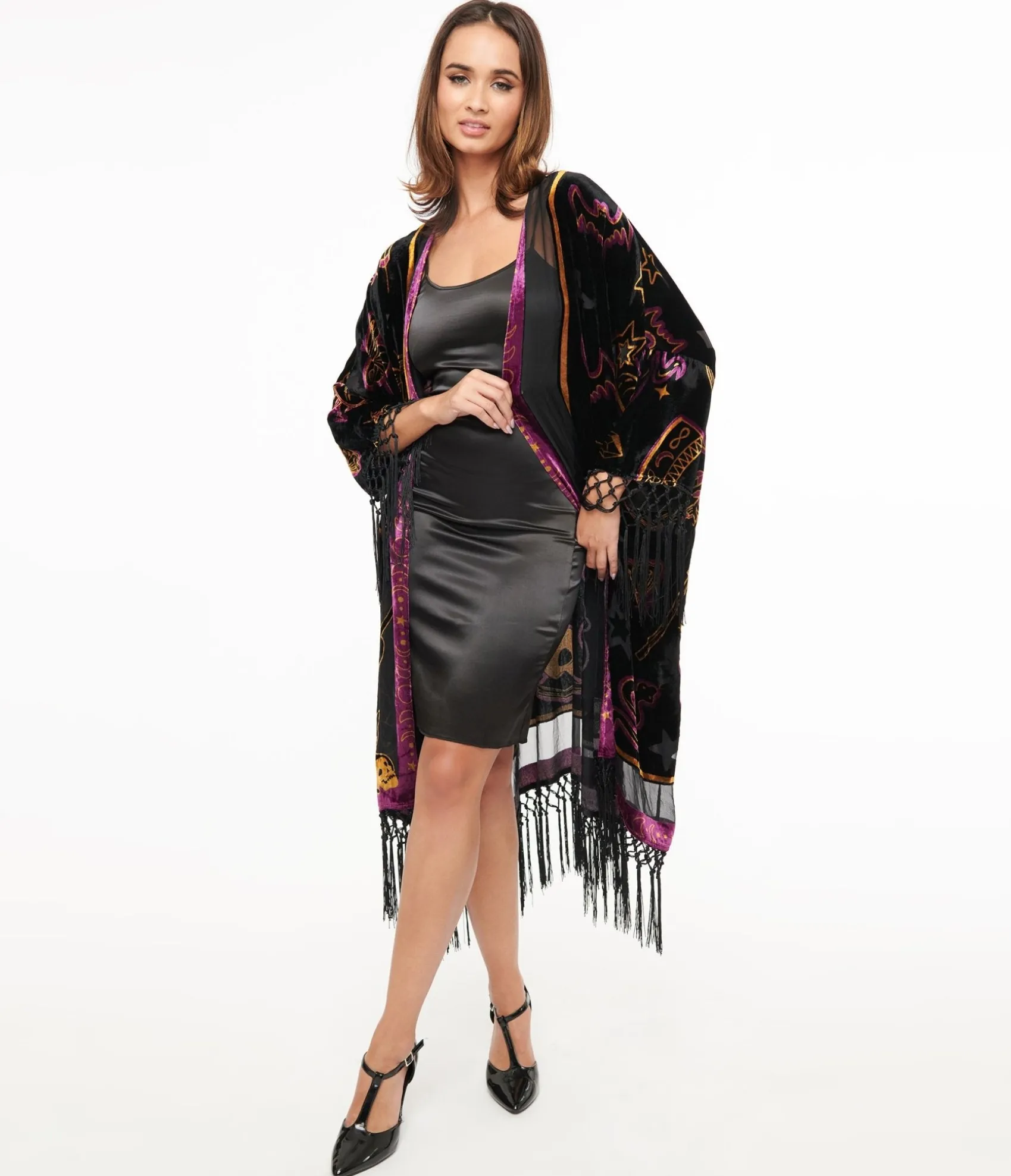 Unique Vintage 1920s Black Velvet Burnout Mystical Icons Fringe Kimono Hot