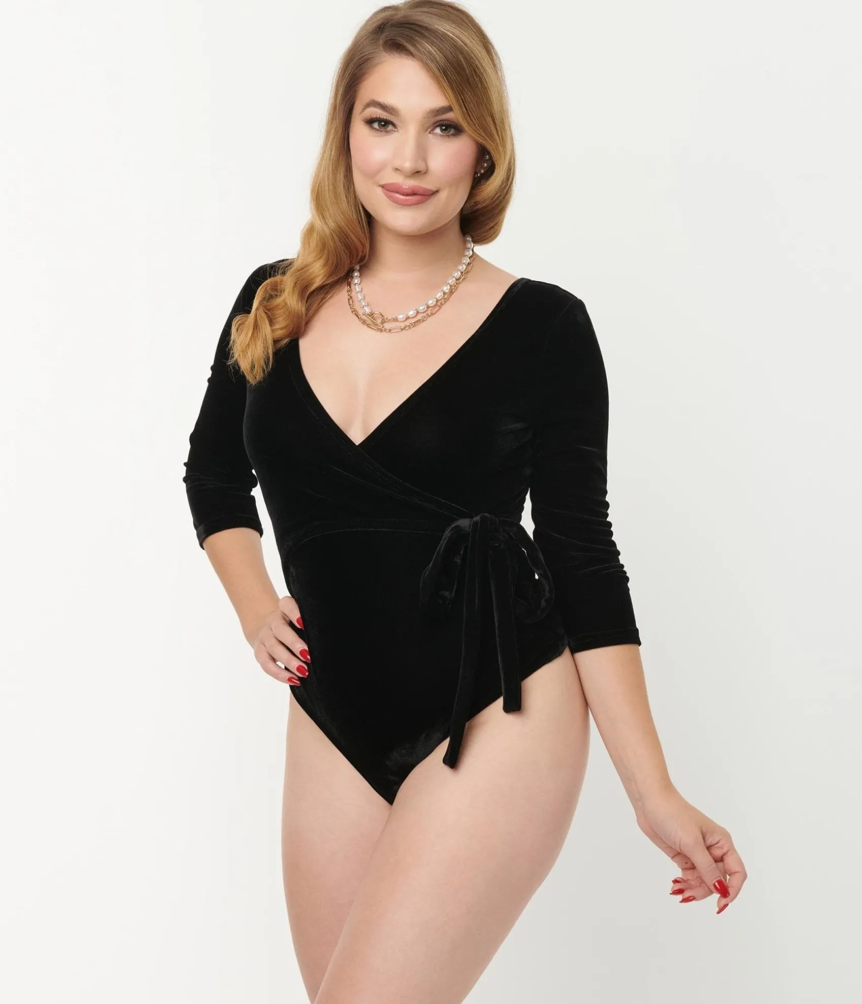 Unique Vintage 1970s Black Velvet Surplice Bodysuit Sale