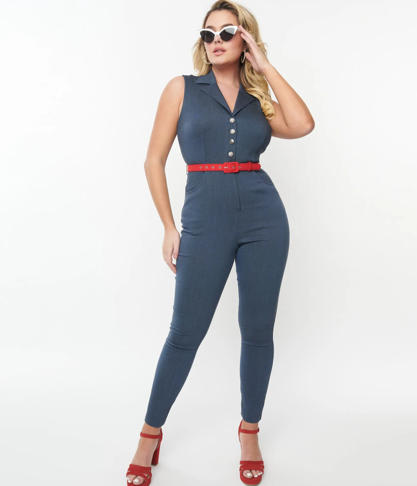 Unique Vintage 1950s Blue Denim & Red Belt Skinny Jumpsuit Clearance