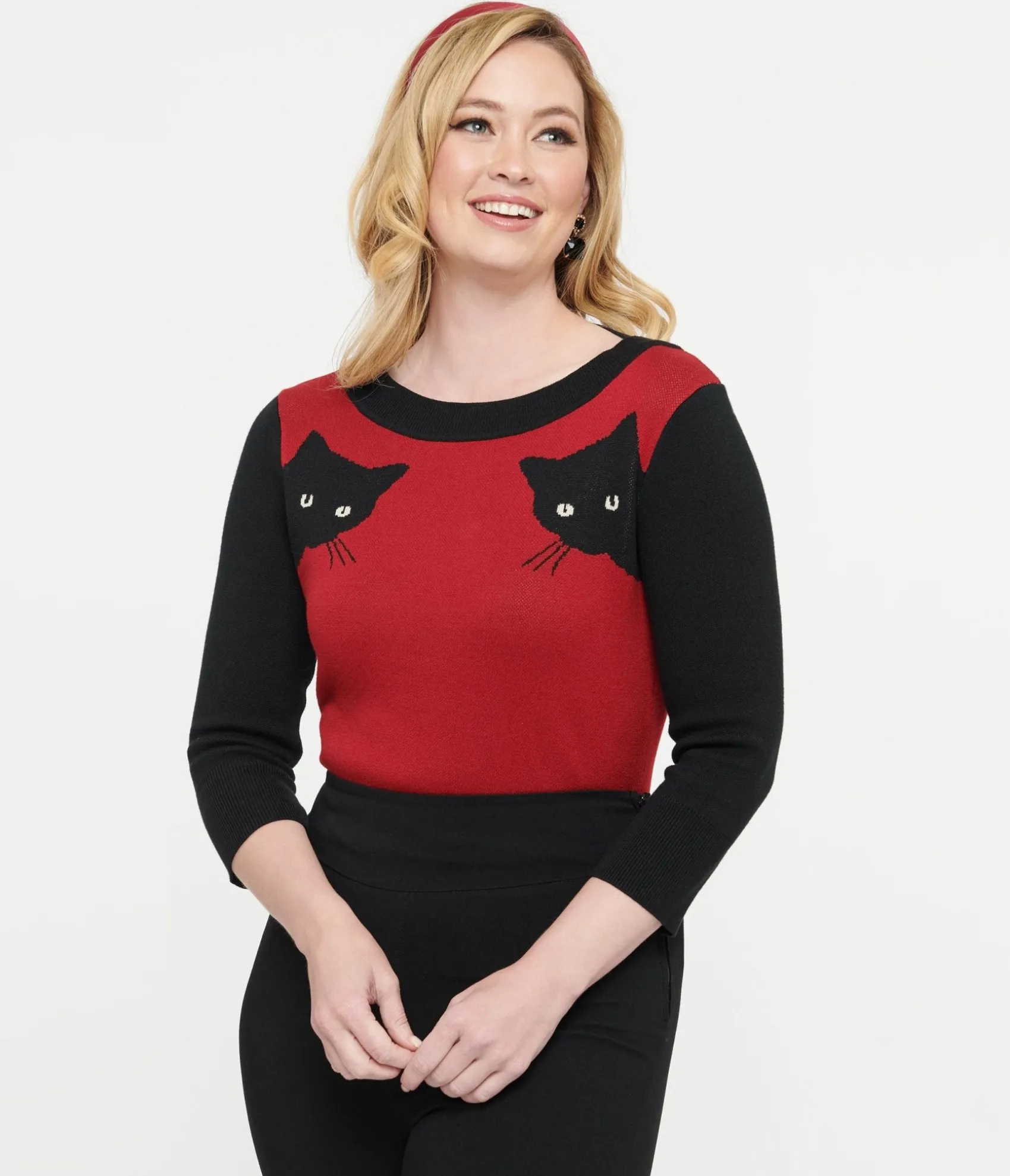 Unique Vintage 1950s Burgundy & Black Cat Sleeve Minou Sweater New