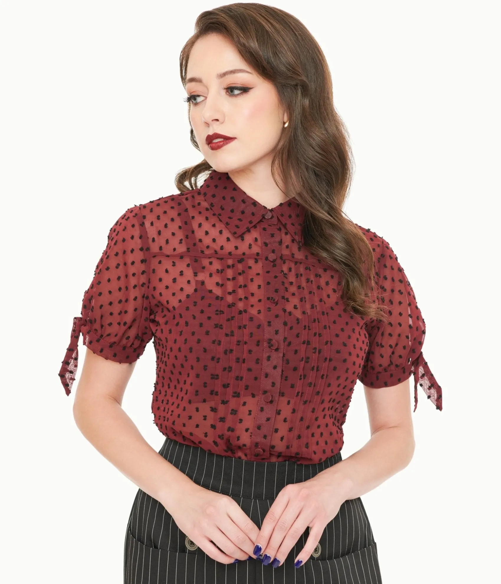Unique Vintage 1950s Burgundy & Black Clip Dot Tie Cuff Blouse Cheap